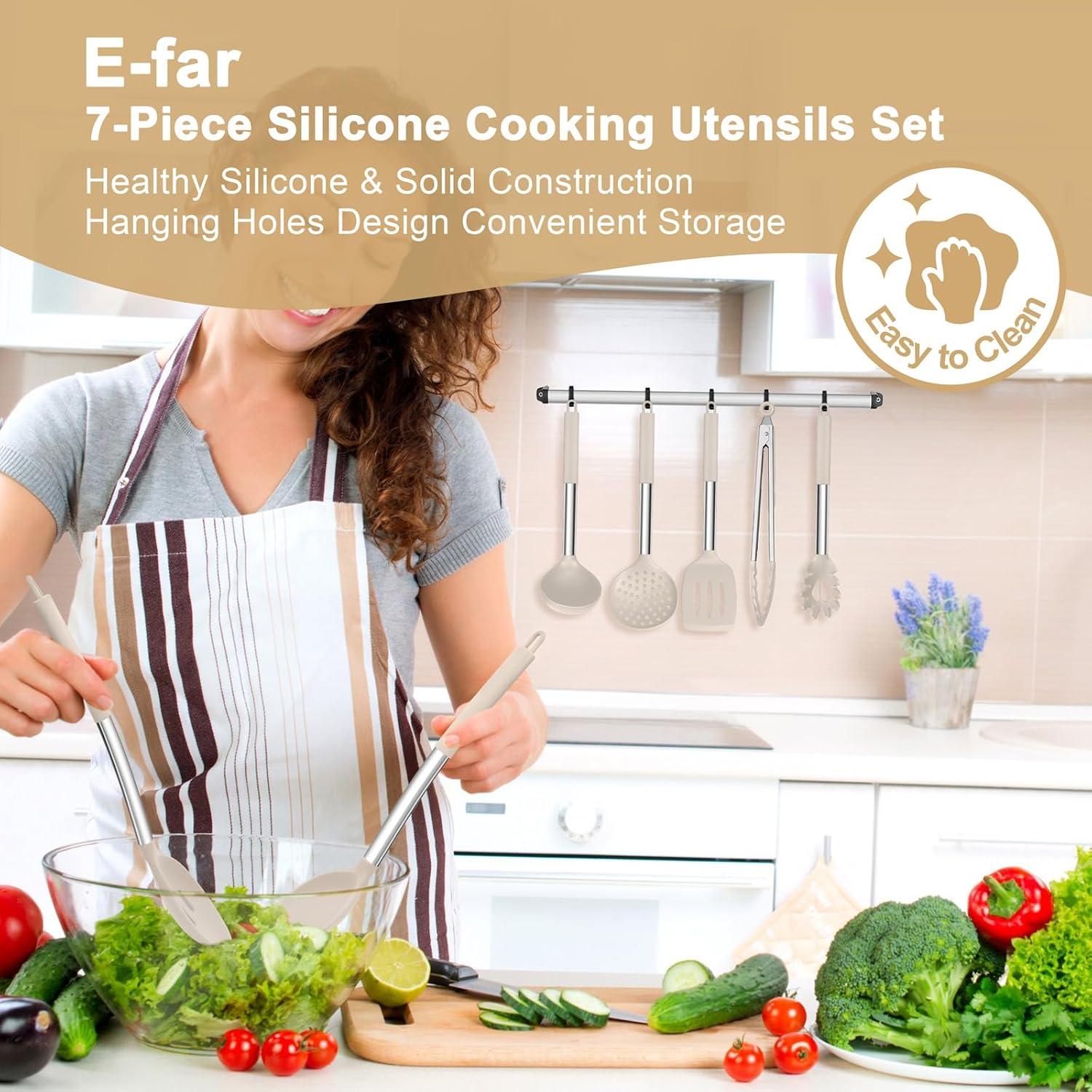imageEfar Silicone Cooking Utensils Set 7 Pcs Heat Resistant Kitchen Utensils with Stainless Steel Handle Slotted Turner Spoon Soup Ladle Pasta Server Skimmer Tongs for Nonstick Cookware BlackKhaki