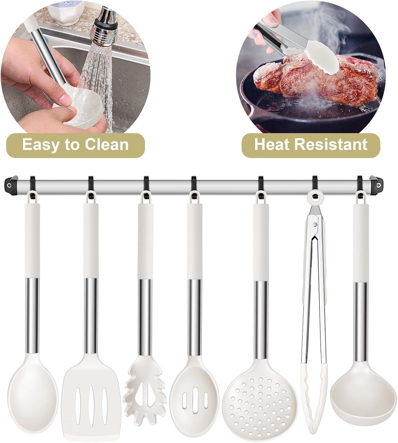 imageEfar Silicone Cooking Utensils Set 7 Pcs Heat Resistant Kitchen Utensils with Stainless Steel Handle Slotted Turner Spoon Soup Ladle Pasta Server Skimmer Tongs for Nonstick Cookware BlackWhite
