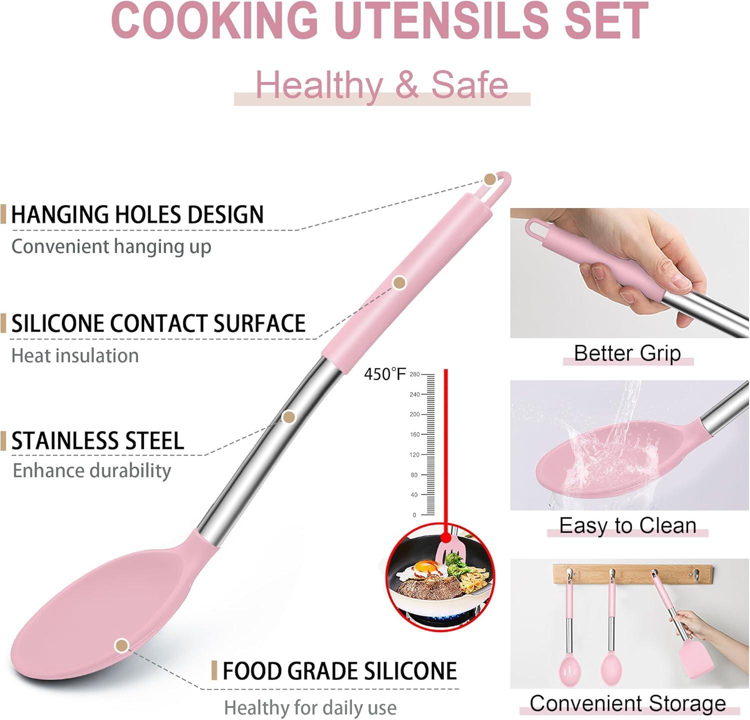 imageEfar Silicone Cooking Utensils Set 7 Pcs Heat Resistant Kitchen Utensils with Stainless Steel Handle Slotted Turner Spoon Soup Ladle Pasta Server Skimmer Tongs for Nonstick Cookware BlackPink