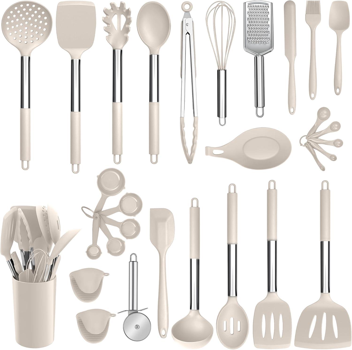 imageEfar Silicone Cooking Utensils Set 7 Pcs Heat Resistant Kitchen Utensils with Stainless Steel Handle Slotted Turner Spoon Soup Ladle Pasta Server Skimmer Tongs for Nonstick Cookware BlackKhaki