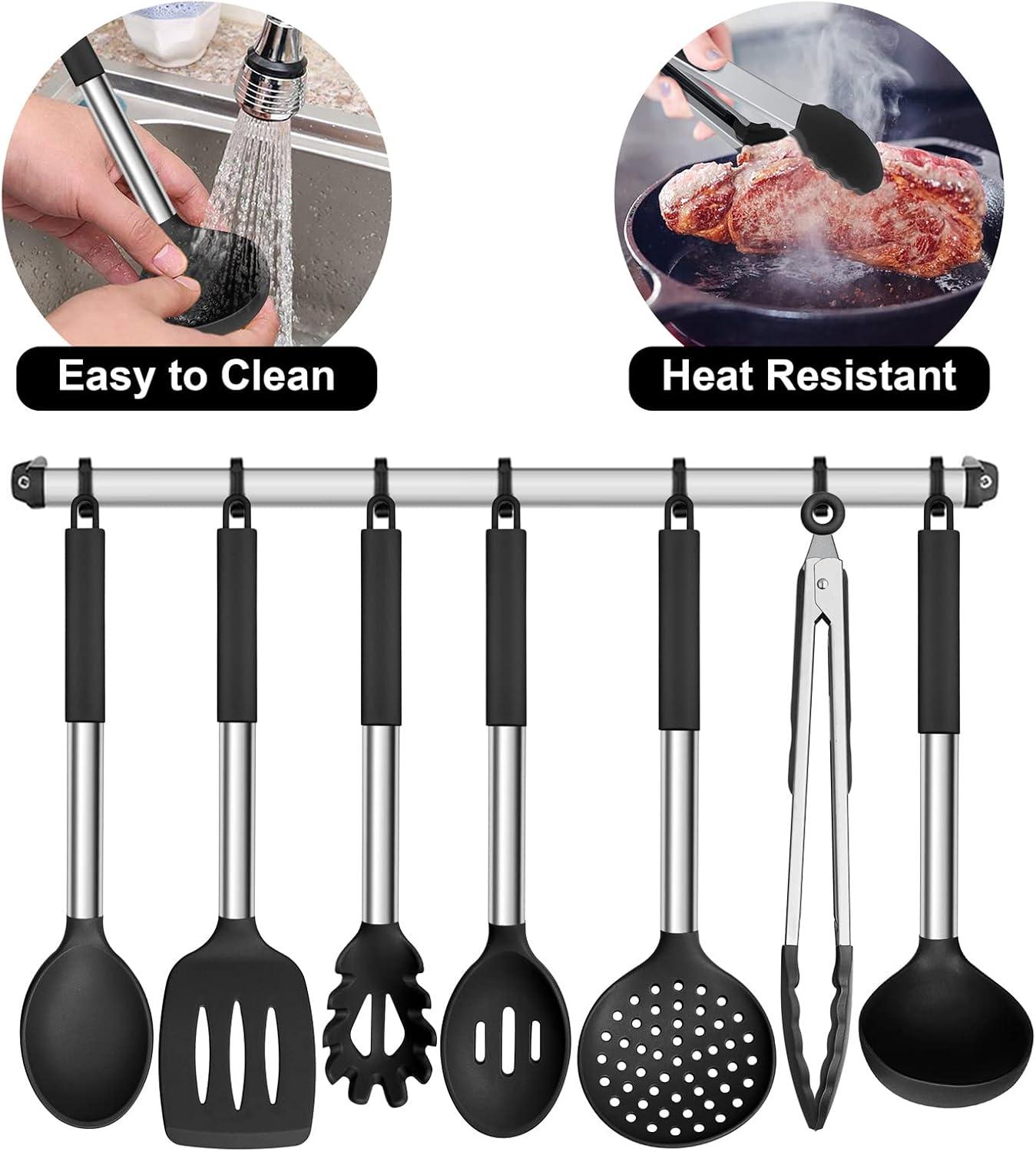 imageEfar Silicone Cooking Utensils Set 7 Pcs Heat Resistant Kitchen Utensils with Stainless Steel Handle Slotted Turner Spoon Soup Ladle Pasta Server Skimmer Tongs for Nonstick Cookware BlackBlack