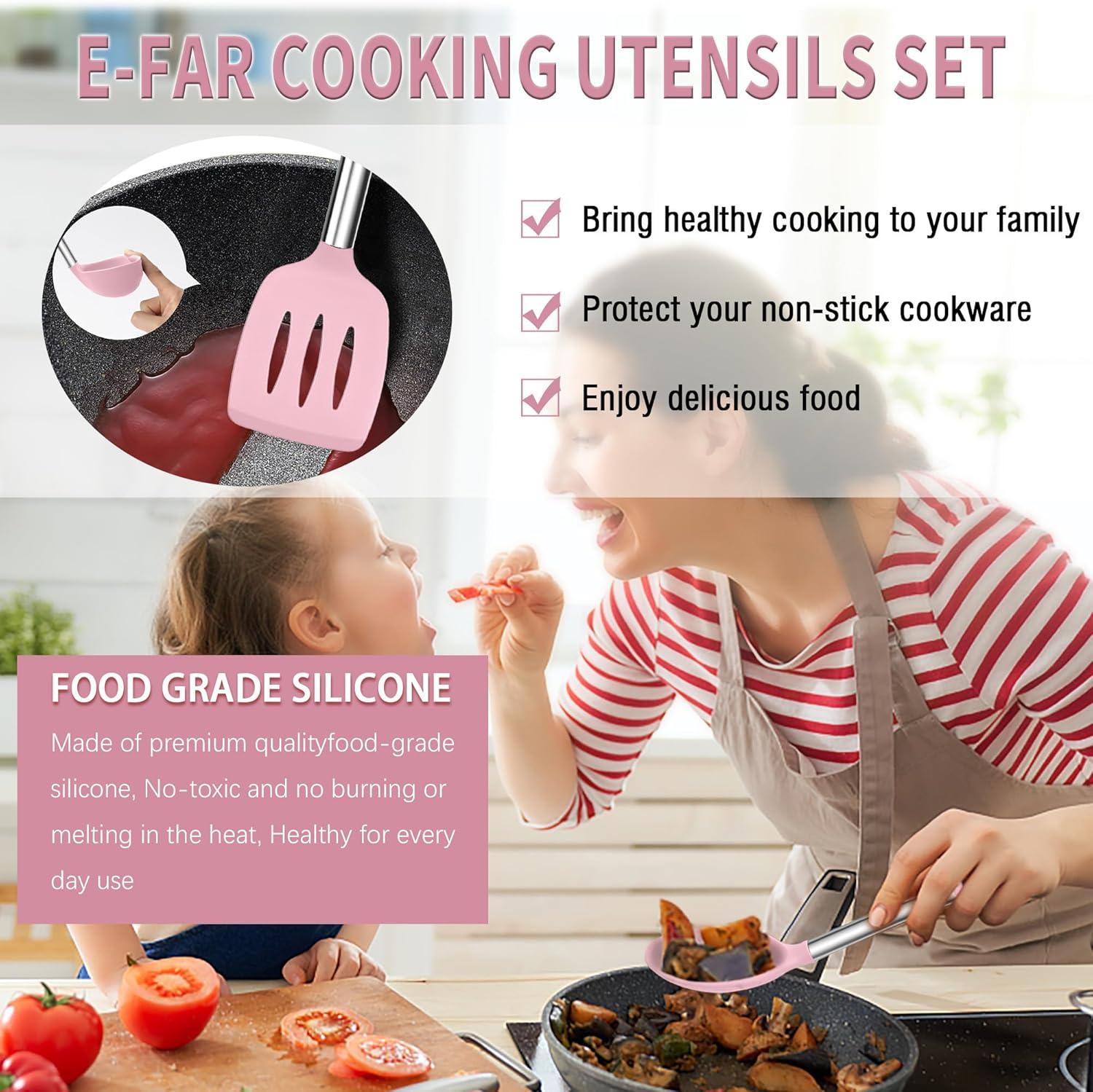 imageEfar Silicone Cooking Utensils Set 7 Pcs Heat Resistant Kitchen Utensils with Stainless Steel Handle Slotted Turner Spoon Soup Ladle Pasta Server Skimmer Tongs for Nonstick Cookware BlackPink