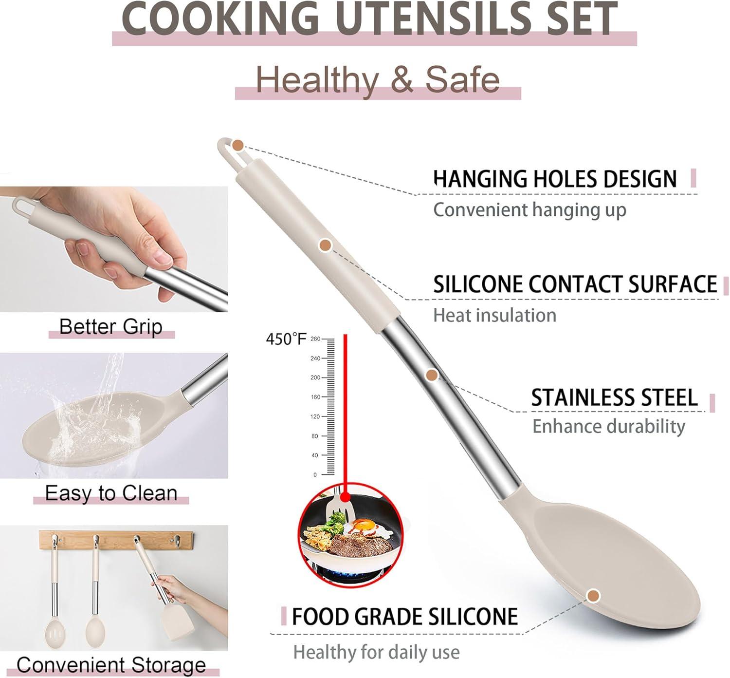 imageEfar Silicone Cooking Utensils Set 7 Pcs Heat Resistant Kitchen Utensils with Stainless Steel Handle Slotted Turner Spoon Soup Ladle Pasta Server Skimmer Tongs for Nonstick Cookware BlackKhaki