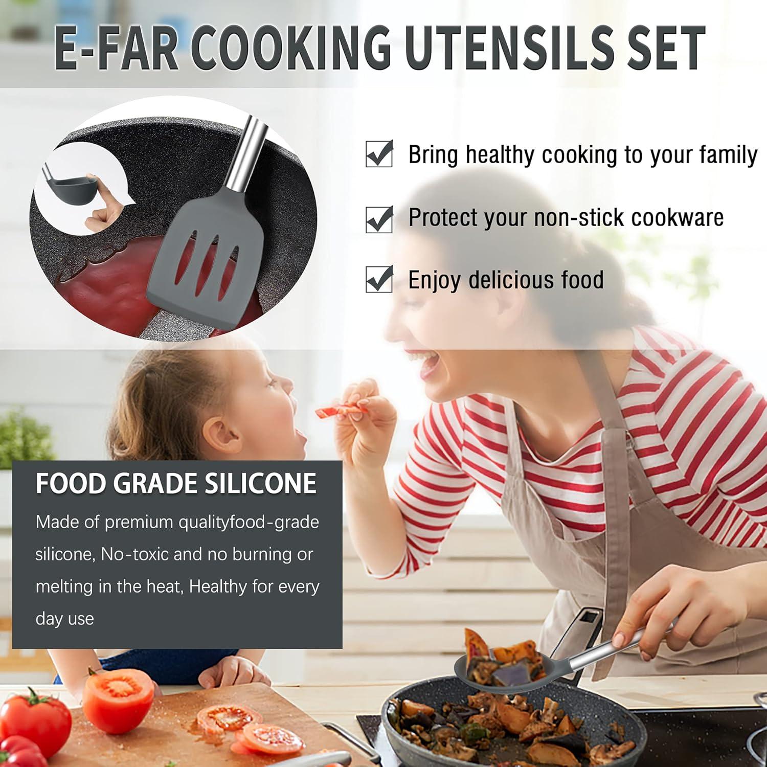 imageEfar Silicone Cooking Utensils Set 7 Pcs Heat Resistant Kitchen Utensils with Stainless Steel Handle Slotted Turner Spoon Soup Ladle Pasta Server Skimmer Tongs for Nonstick Cookware BlackGray