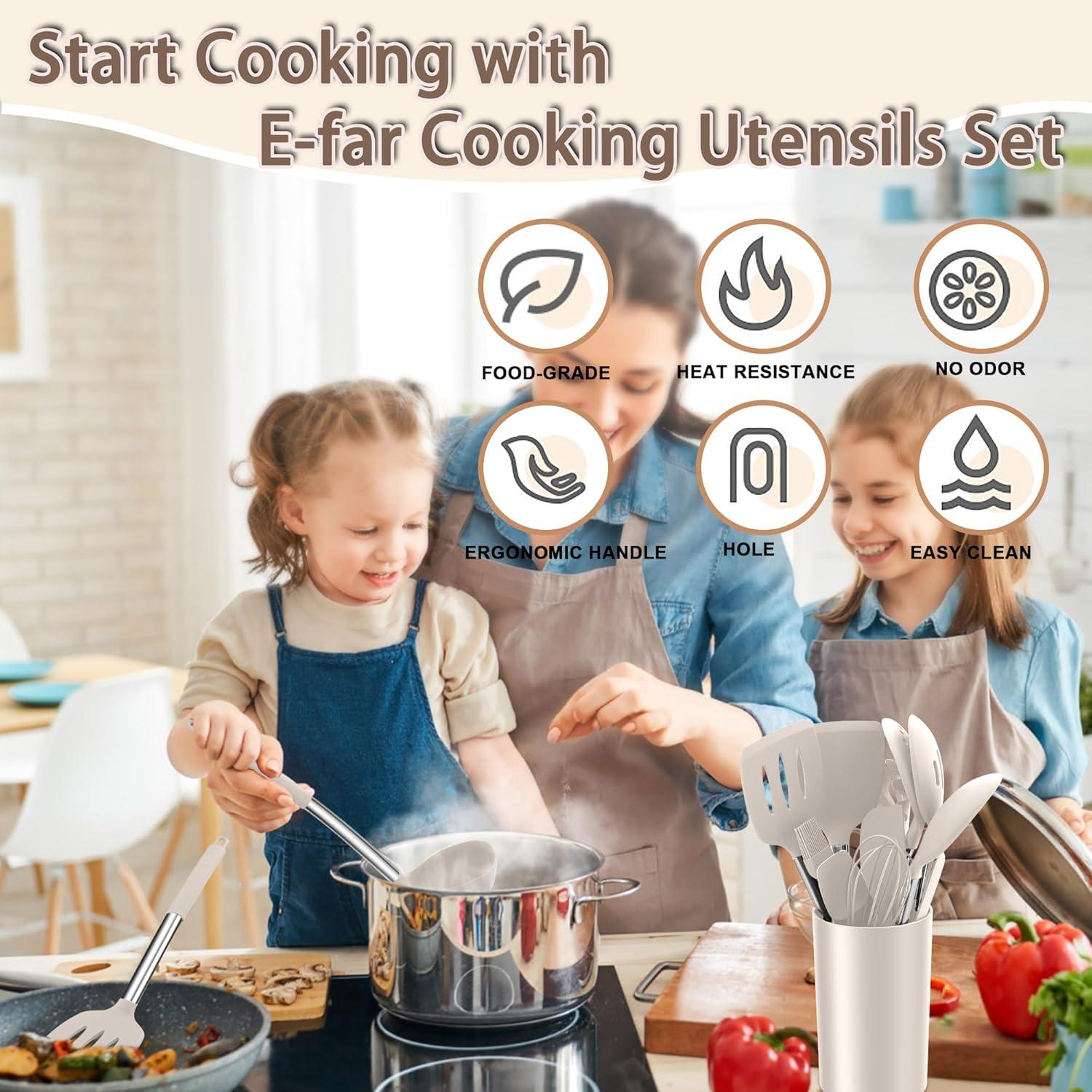 imageEfar Silicone Cooking Utensils Set 7 Pcs Heat Resistant Kitchen Utensils with Stainless Steel Handle Slotted Turner Spoon Soup Ladle Pasta Server Skimmer Tongs for Nonstick Cookware BlackKhaki