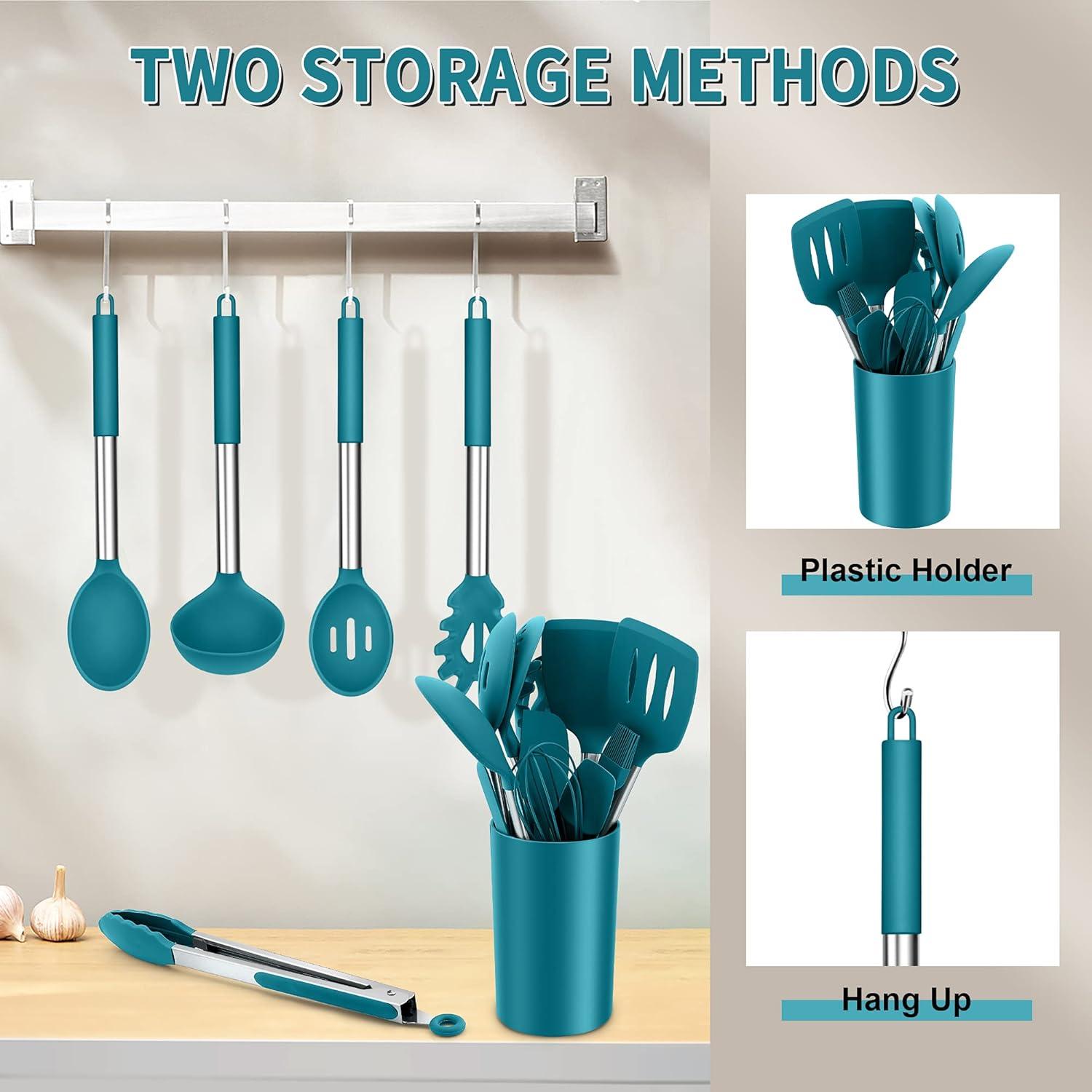 imageEfar Silicone Cooking Utensils Set 7 Pcs Heat Resistant Kitchen Utensils with Stainless Steel Handle Slotted Turner Spoon Soup Ladle Pasta Server Skimmer Tongs for Nonstick Cookware BlackBlue
