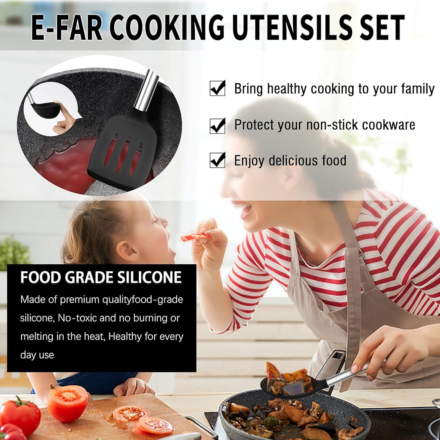 imageEfar Silicone Cooking Utensils Set 7 Pcs Heat Resistant Kitchen Utensils with Stainless Steel Handle Slotted Turner Spoon Soup Ladle Pasta Server Skimmer Tongs for Nonstick Cookware BlackBlack