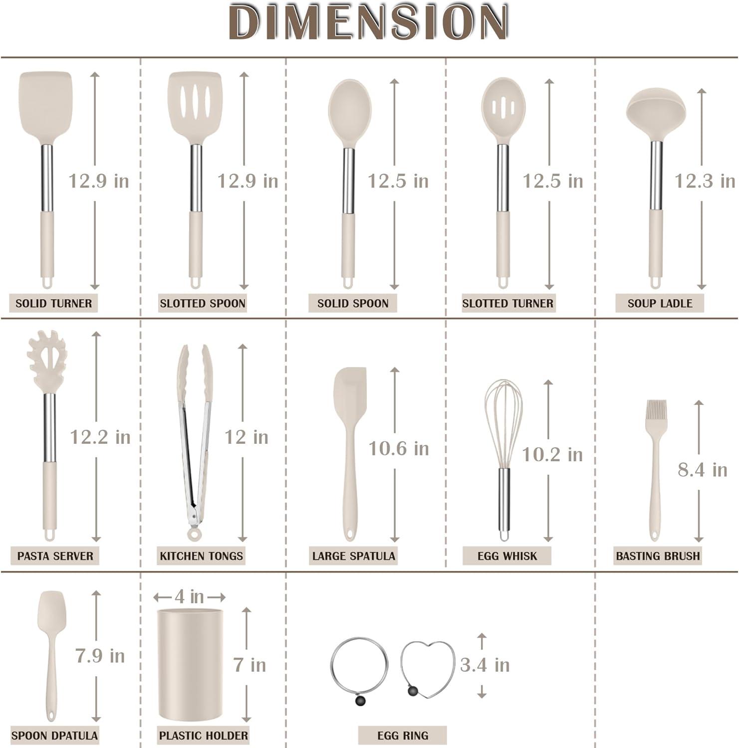 imageEfar Silicone Cooking Utensils Set 7 Pcs Heat Resistant Kitchen Utensils with Stainless Steel Handle Slotted Turner Spoon Soup Ladle Pasta Server Skimmer Tongs for Nonstick Cookware BlackKhaki
