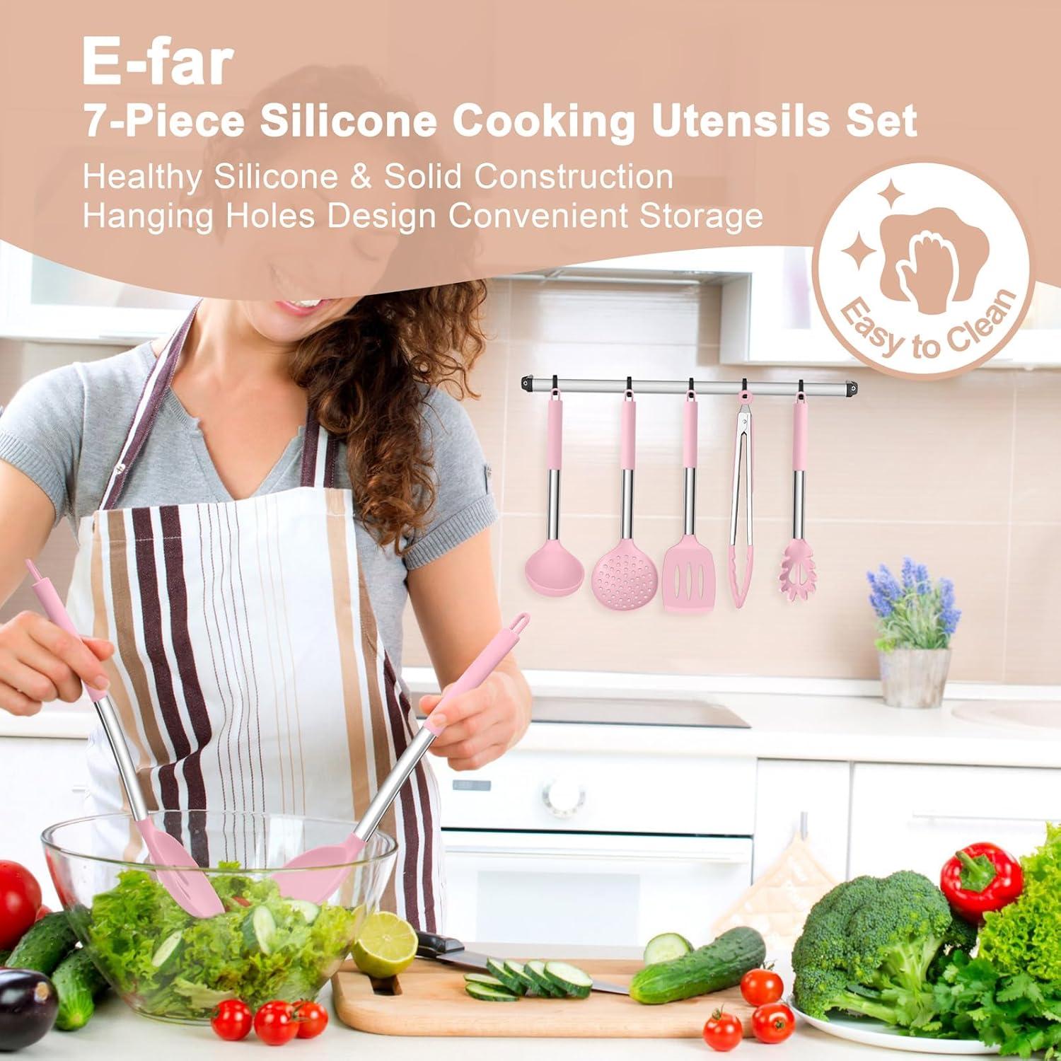 imageEfar Silicone Cooking Utensils Set 7 Pcs Heat Resistant Kitchen Utensils with Stainless Steel Handle Slotted Turner Spoon Soup Ladle Pasta Server Skimmer Tongs for Nonstick Cookware BlackPink