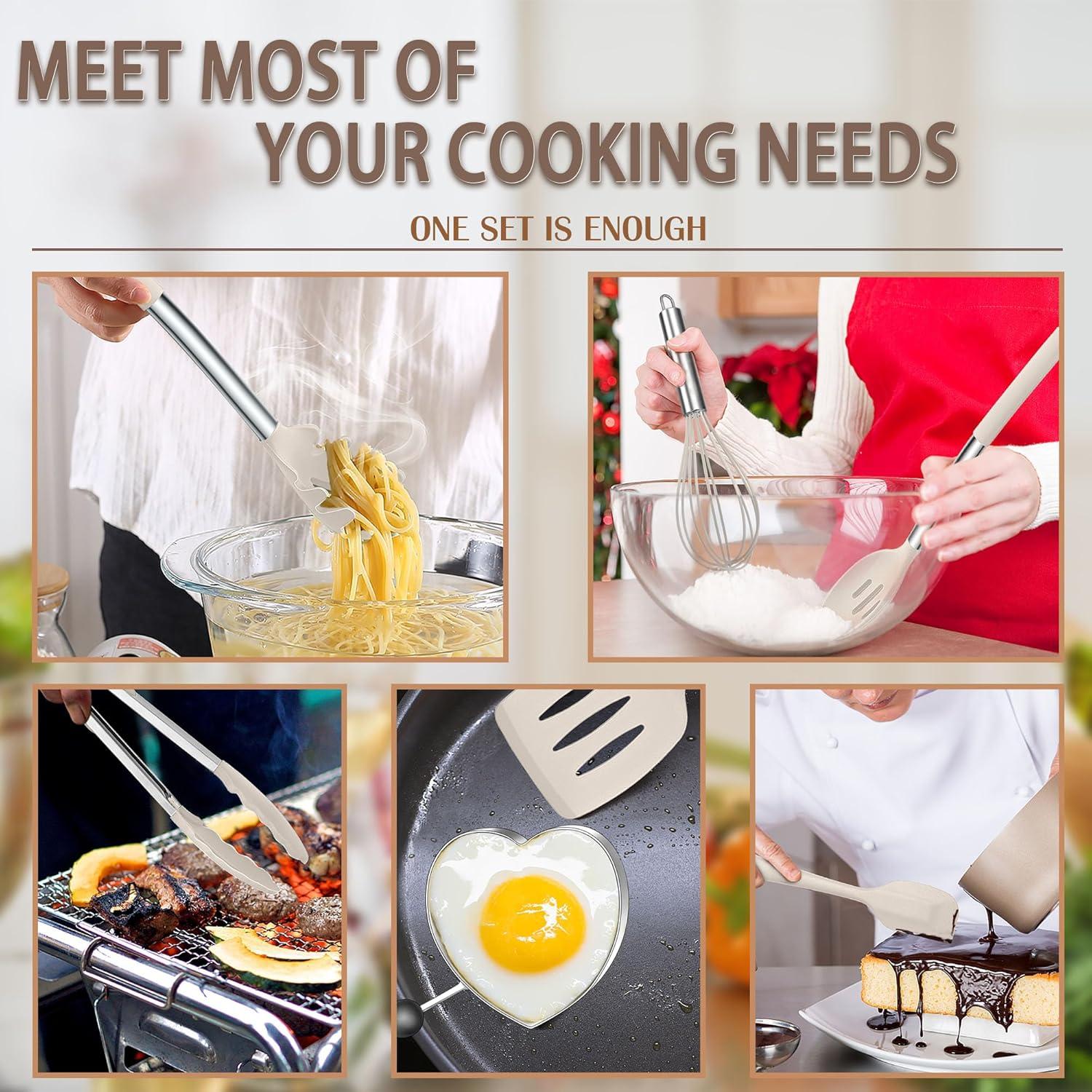 imageEfar Silicone Cooking Utensils Set 7 Pcs Heat Resistant Kitchen Utensils with Stainless Steel Handle Slotted Turner Spoon Soup Ladle Pasta Server Skimmer Tongs for Nonstick Cookware BlackKhaki