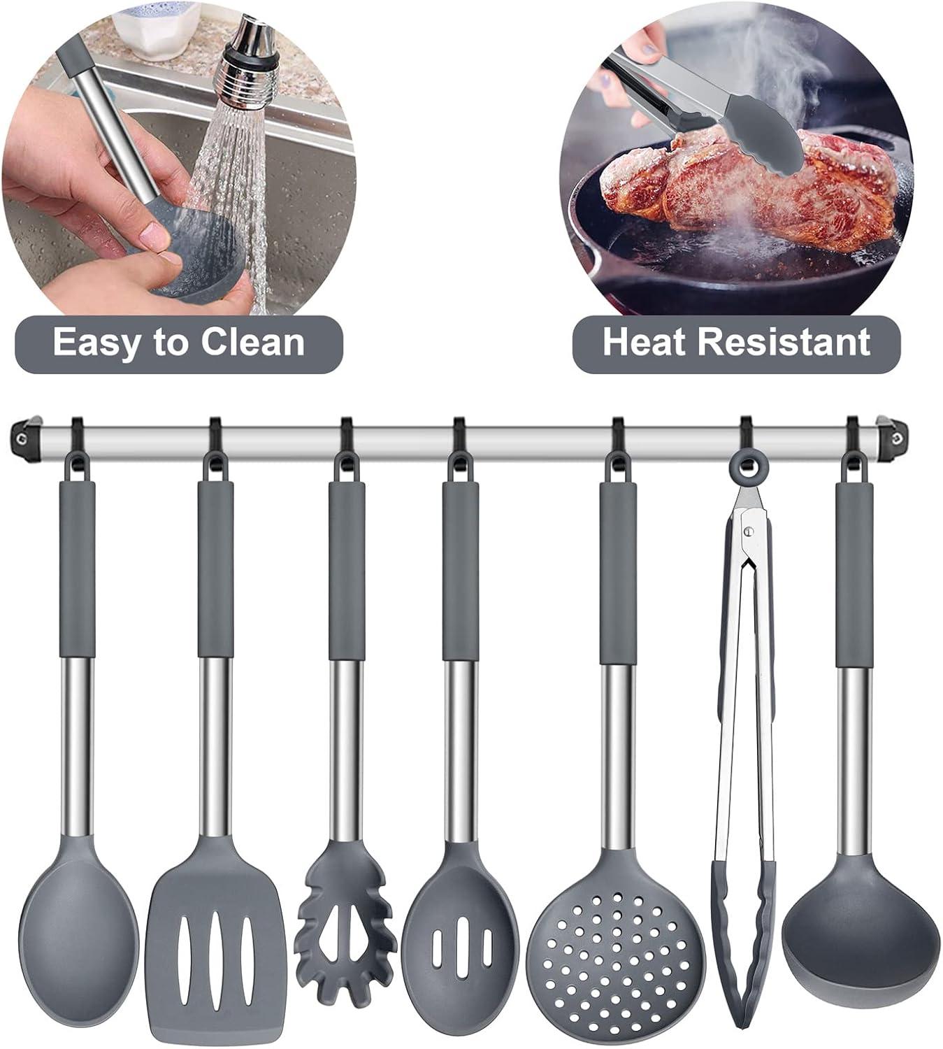 imageEfar Silicone Cooking Utensils Set 7 Pcs Heat Resistant Kitchen Utensils with Stainless Steel Handle Slotted Turner Spoon Soup Ladle Pasta Server Skimmer Tongs for Nonstick Cookware BlackGray