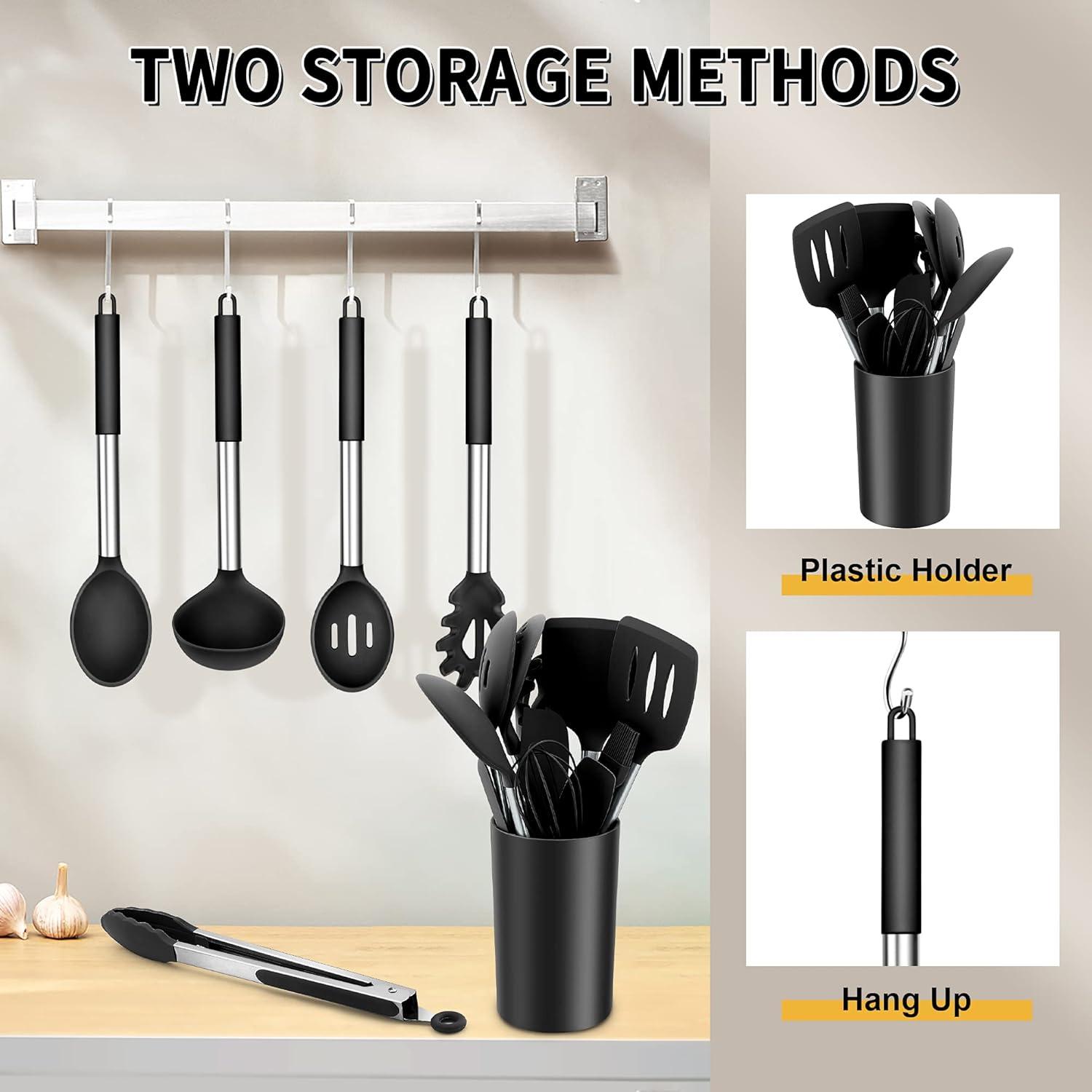 imageEfar Silicone Cooking Utensils Set 7 Pcs Heat Resistant Kitchen Utensils with Stainless Steel Handle Slotted Turner Spoon Soup Ladle Pasta Server Skimmer Tongs for Nonstick Cookware BlackBlack