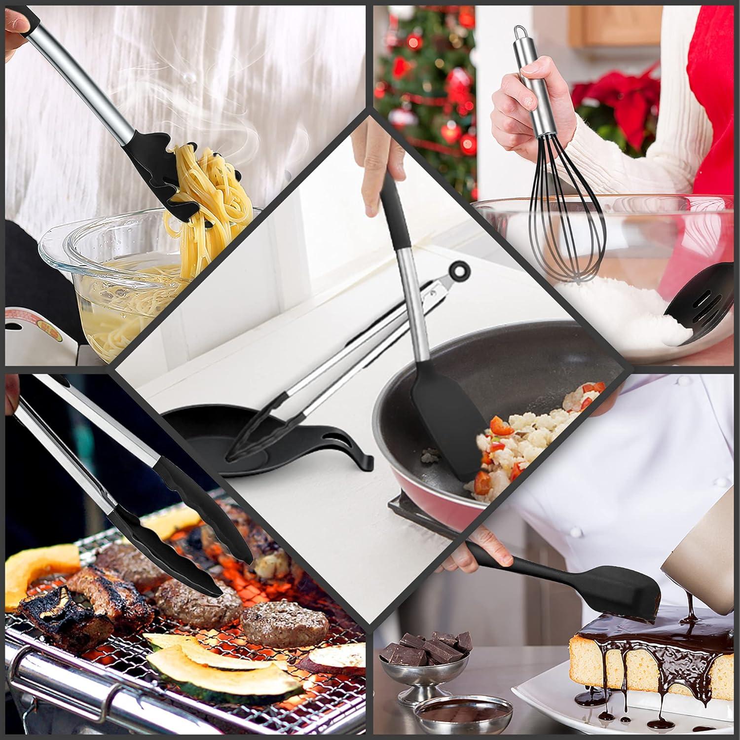 imageEfar Silicone Cooking Utensils Set 7 Pcs Heat Resistant Kitchen Utensils with Stainless Steel Handle Slotted Turner Spoon Soup Ladle Pasta Server Skimmer Tongs for Nonstick Cookware BlackBlack