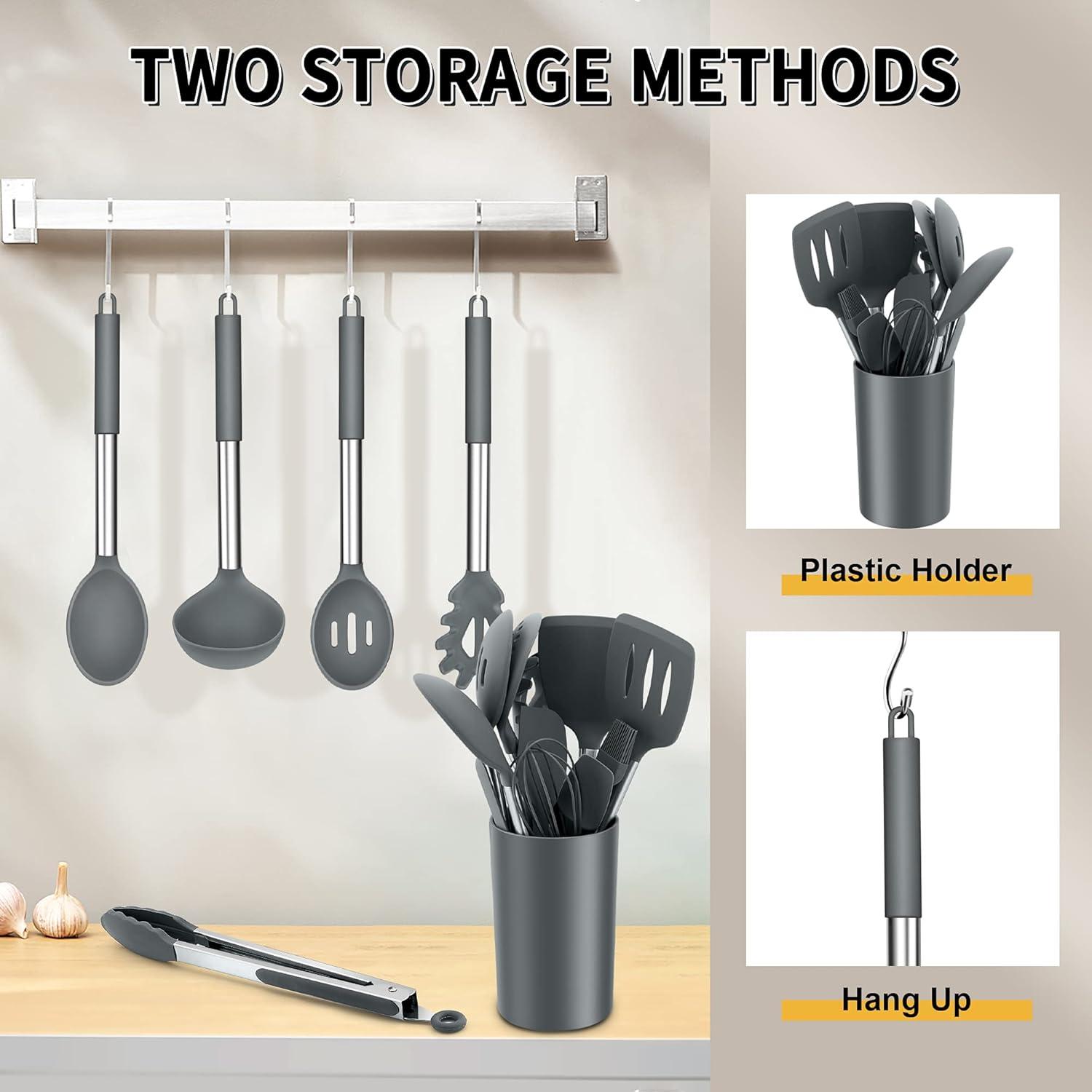 imageEfar Silicone Cooking Utensils Set 7 Pcs Heat Resistant Kitchen Utensils with Stainless Steel Handle Slotted Turner Spoon Soup Ladle Pasta Server Skimmer Tongs for Nonstick Cookware BlackGray