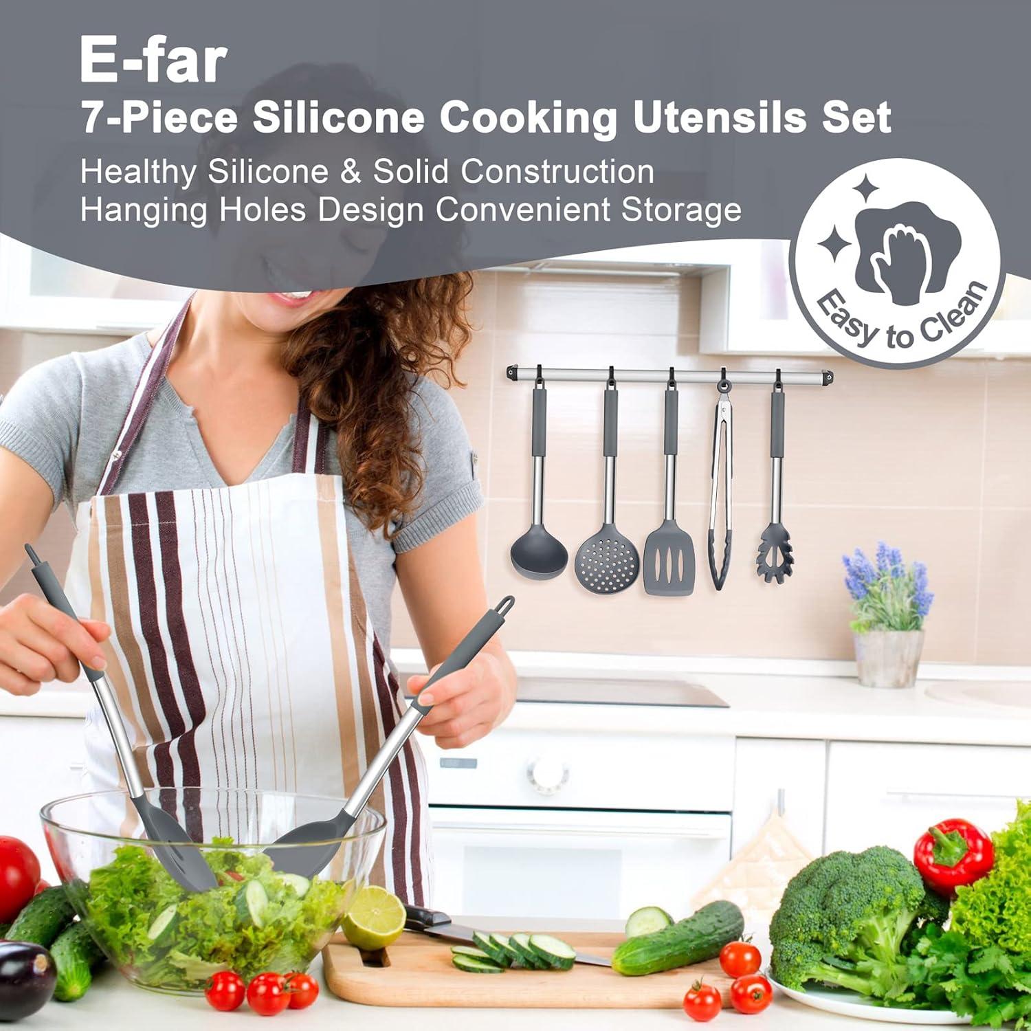 imageEfar Silicone Cooking Utensils Set 7 Pcs Heat Resistant Kitchen Utensils with Stainless Steel Handle Slotted Turner Spoon Soup Ladle Pasta Server Skimmer Tongs for Nonstick Cookware BlackGray