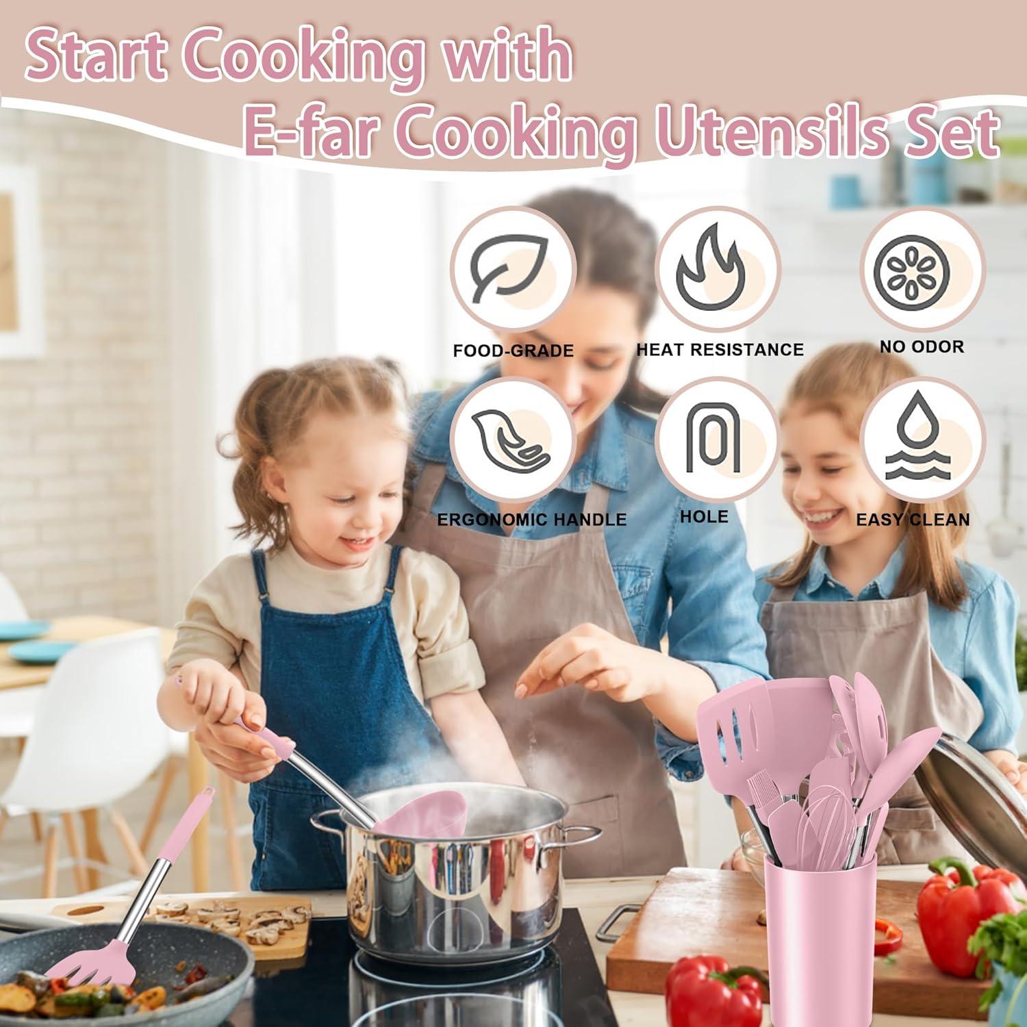 imageEfar Silicone Cooking Utensils Set 7 Pcs Heat Resistant Kitchen Utensils with Stainless Steel Handle Slotted Turner Spoon Soup Ladle Pasta Server Skimmer Tongs for Nonstick Cookware BlackPink