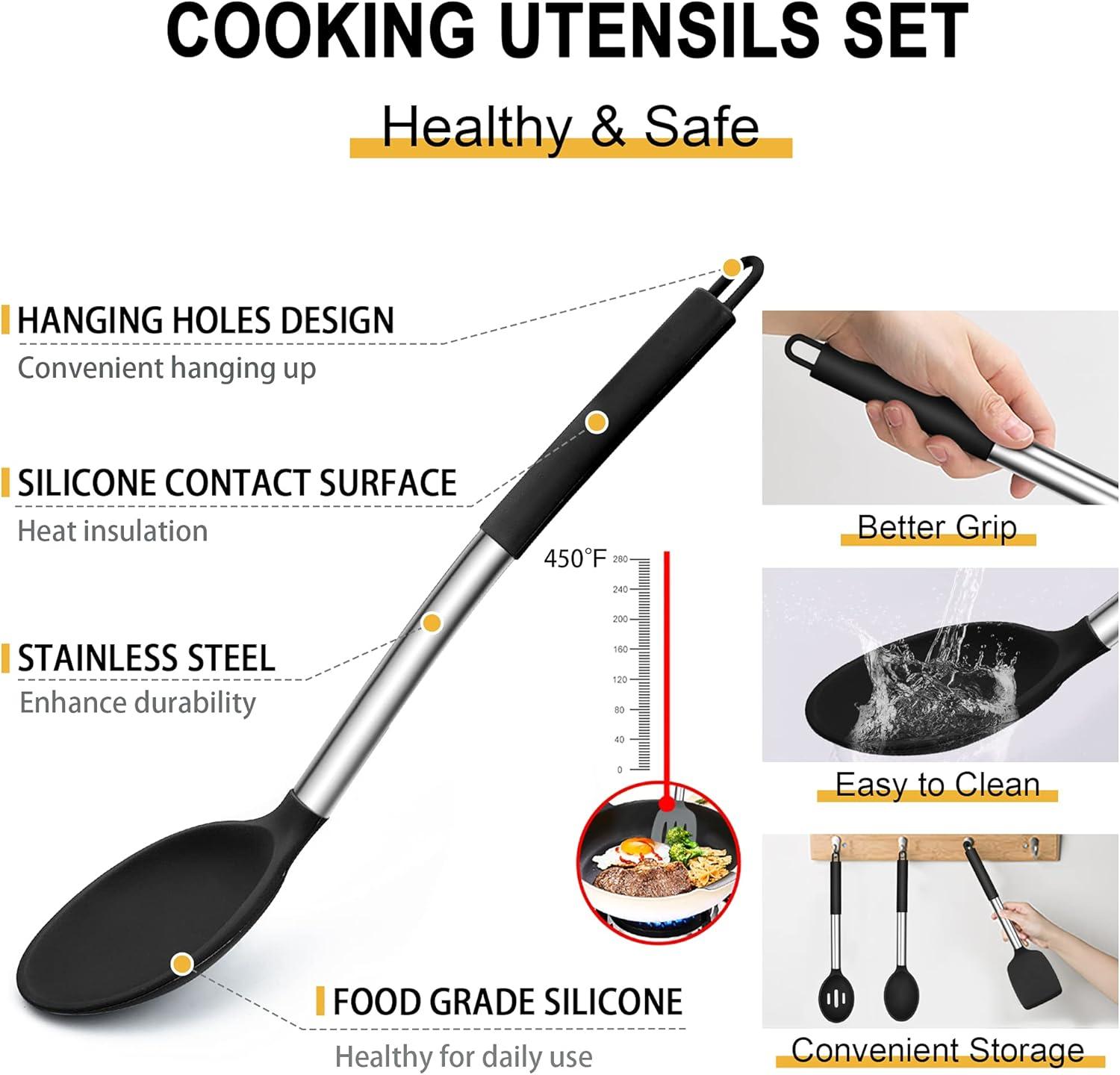 imageEfar Silicone Cooking Utensils Set 7 Pcs Heat Resistant Kitchen Utensils with Stainless Steel Handle Slotted Turner Spoon Soup Ladle Pasta Server Skimmer Tongs for Nonstick Cookware BlackBlack