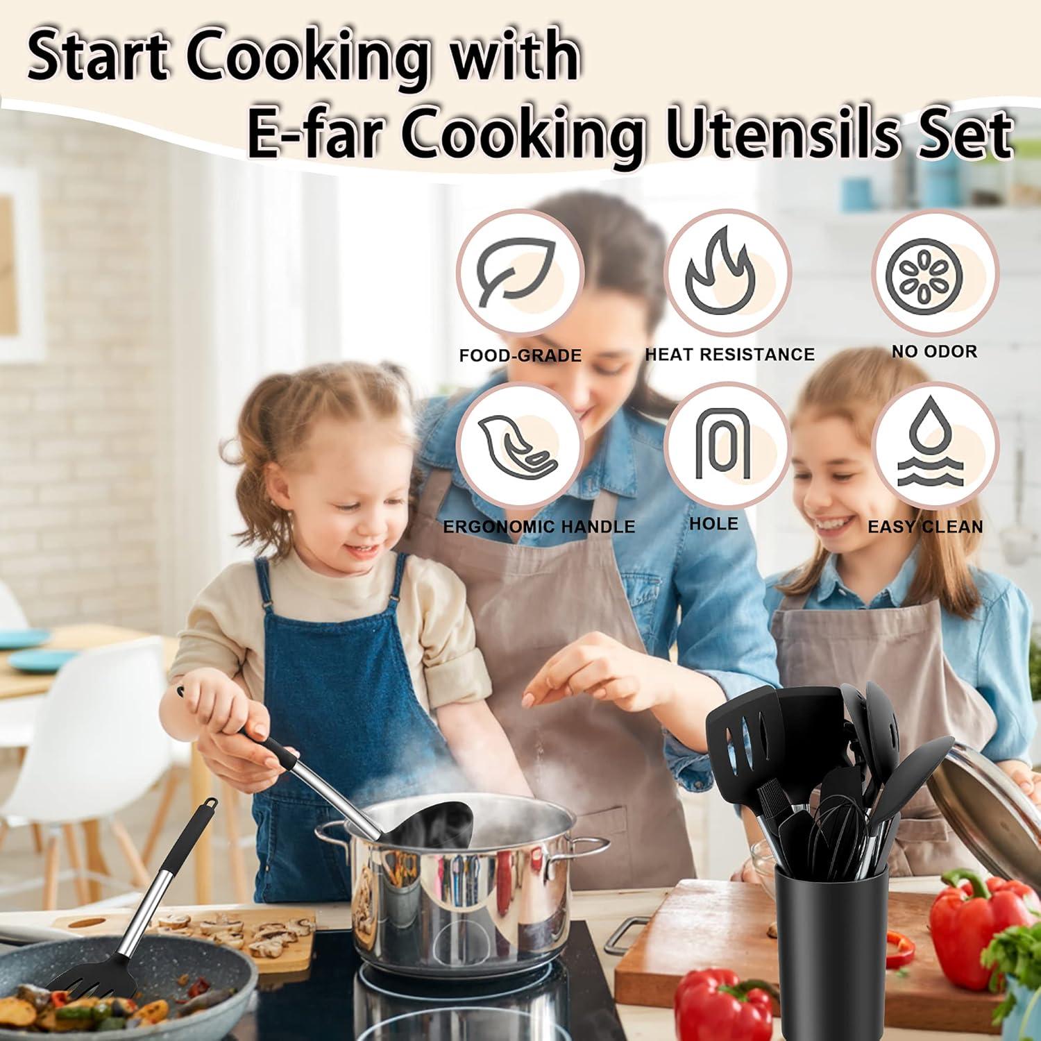 imageEfar Silicone Cooking Utensils Set 7 Pcs Heat Resistant Kitchen Utensils with Stainless Steel Handle Slotted Turner Spoon Soup Ladle Pasta Server Skimmer Tongs for Nonstick Cookware BlackBlack