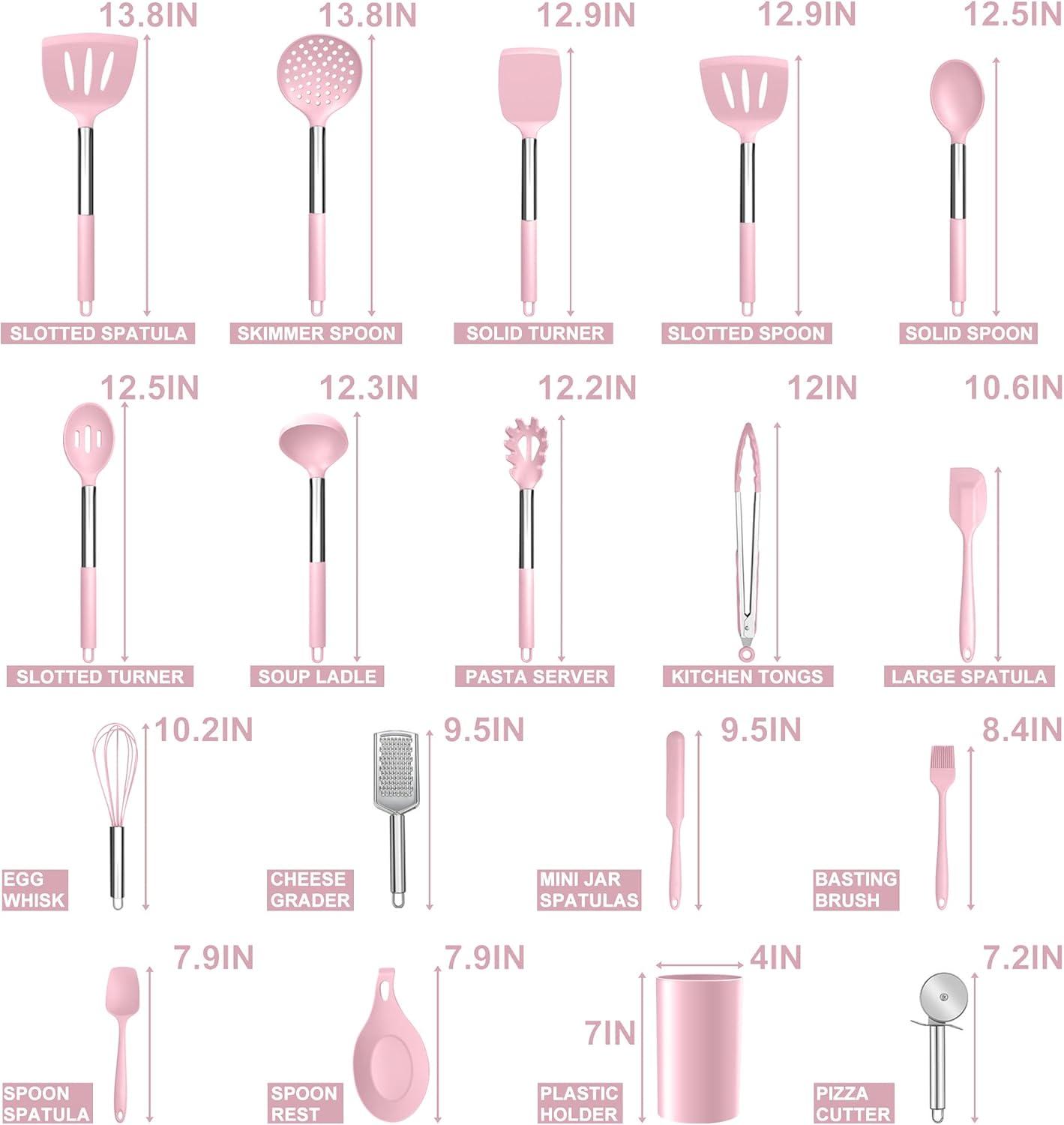 imageEfar Silicone Cooking Utensils Set 7 Pcs Heat Resistant Kitchen Utensils with Stainless Steel Handle Slotted Turner Spoon Soup Ladle Pasta Server Skimmer Tongs for Nonstick Cookware BlackPink