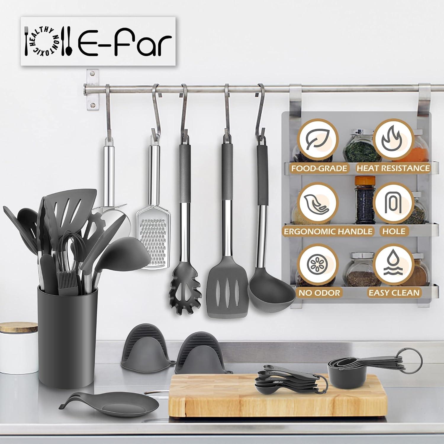 imageEfar Silicone Cooking Utensils Set 7 Pcs Heat Resistant Kitchen Utensils with Stainless Steel Handle Slotted Turner Spoon Soup Ladle Pasta Server Skimmer Tongs for Nonstick Cookware BlackGray