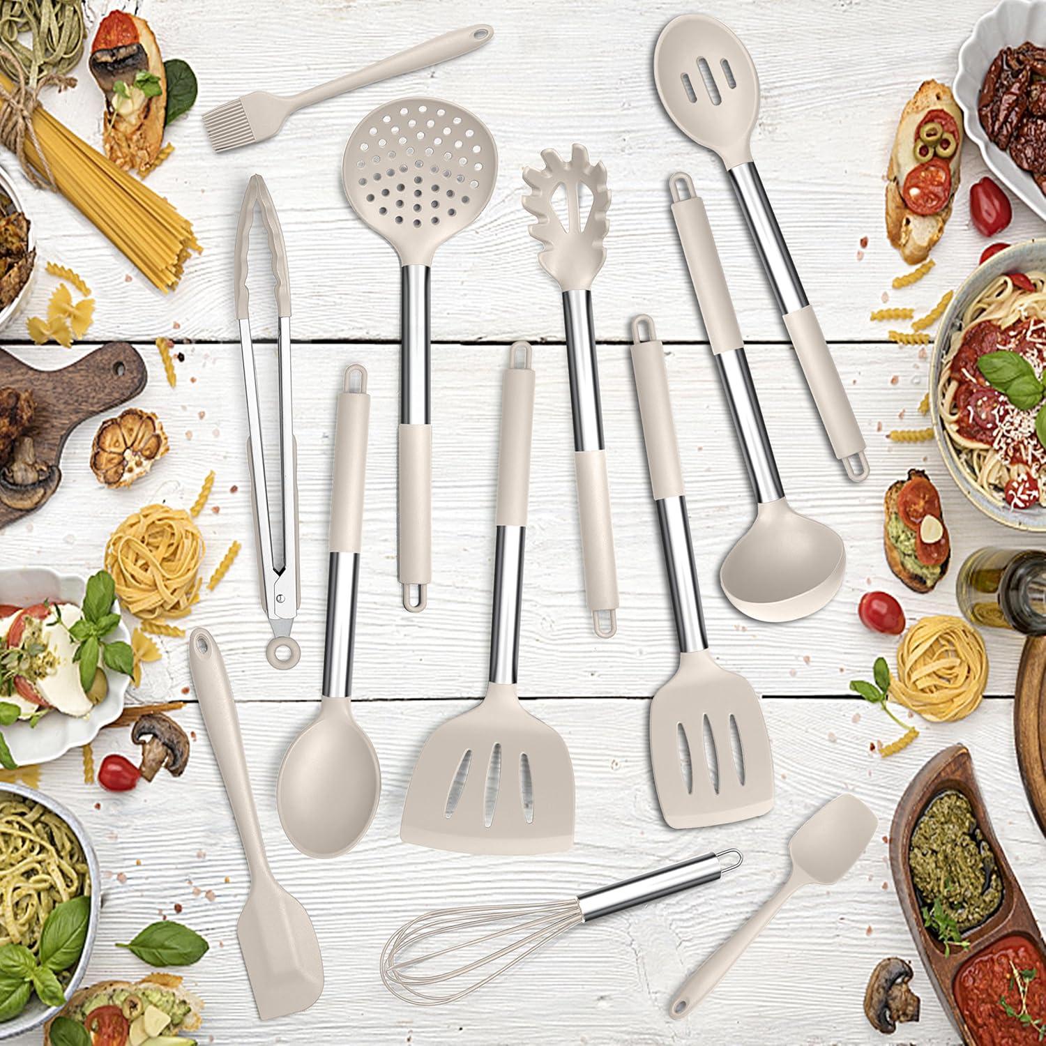 imageEfar Silicone Cooking Utensils Set 7 Pcs Heat Resistant Kitchen Utensils with Stainless Steel Handle Slotted Turner Spoon Soup Ladle Pasta Server Skimmer Tongs for Nonstick Cookware BlackKhaki