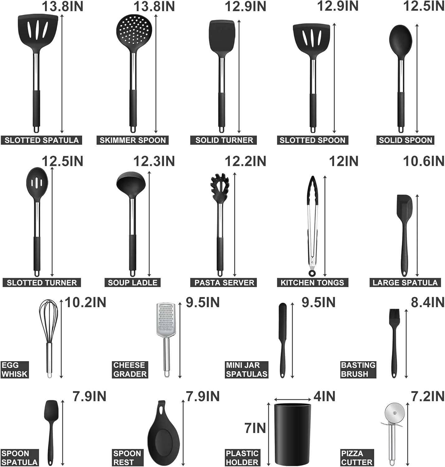 imageEfar Silicone Cooking Utensils Set 7 Pcs Heat Resistant Kitchen Utensils with Stainless Steel Handle Slotted Turner Spoon Soup Ladle Pasta Server Skimmer Tongs for Nonstick Cookware BlackBlack