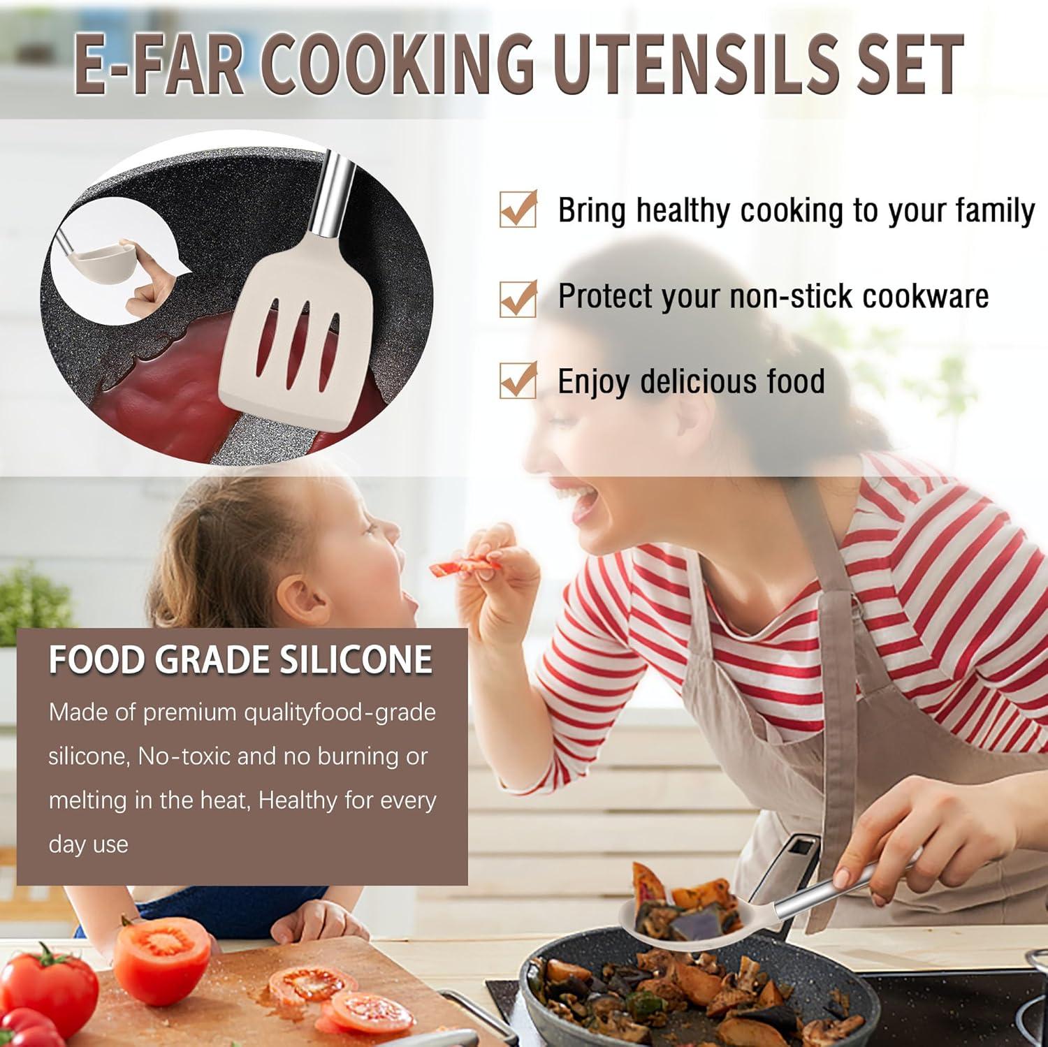 imageEfar Silicone Cooking Utensils Set 7 Pcs Heat Resistant Kitchen Utensils with Stainless Steel Handle Slotted Turner Spoon Soup Ladle Pasta Server Skimmer Tongs for Nonstick Cookware BlackKhaki