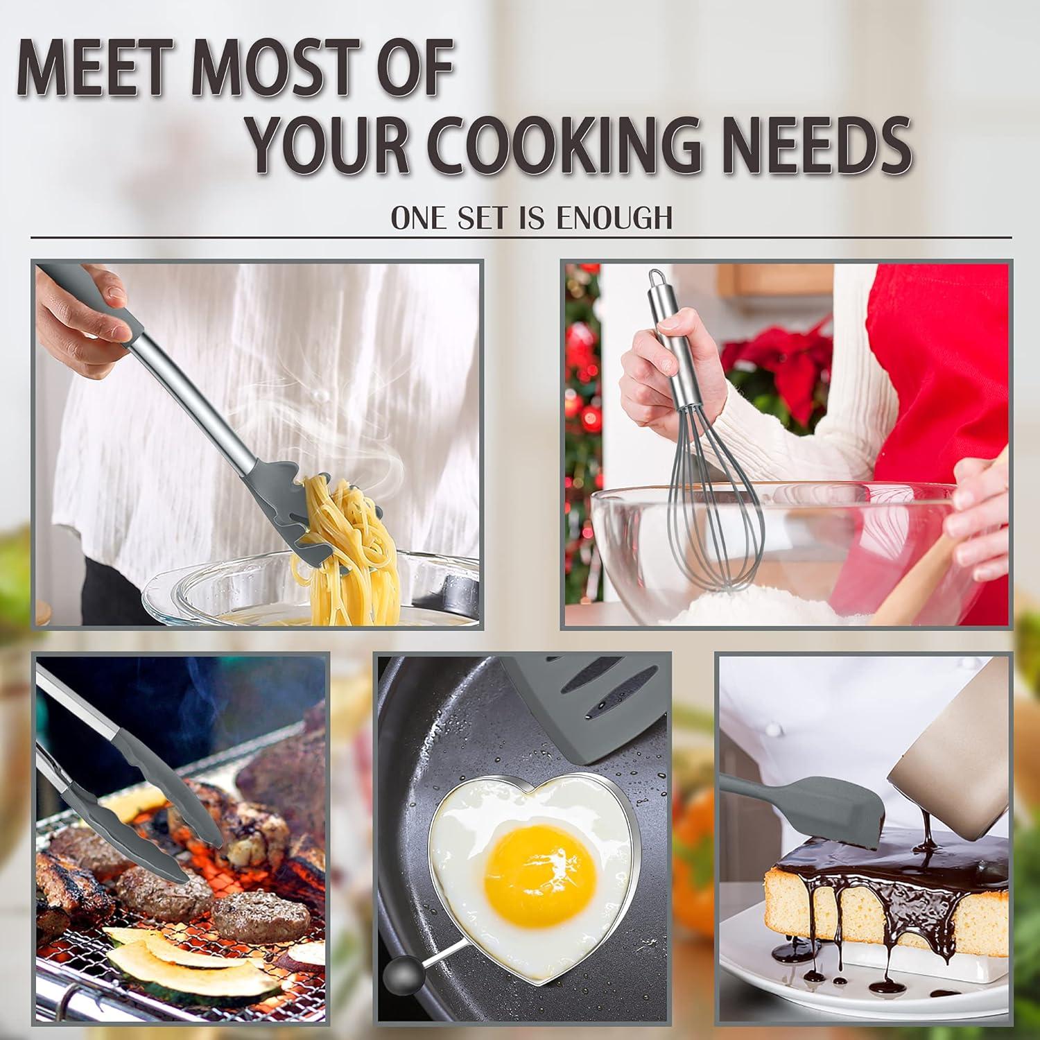 imageEfar Silicone Cooking Utensils Set 7 Pcs Heat Resistant Kitchen Utensils with Stainless Steel Handle Slotted Turner Spoon Soup Ladle Pasta Server Skimmer Tongs for Nonstick Cookware BlackGray
