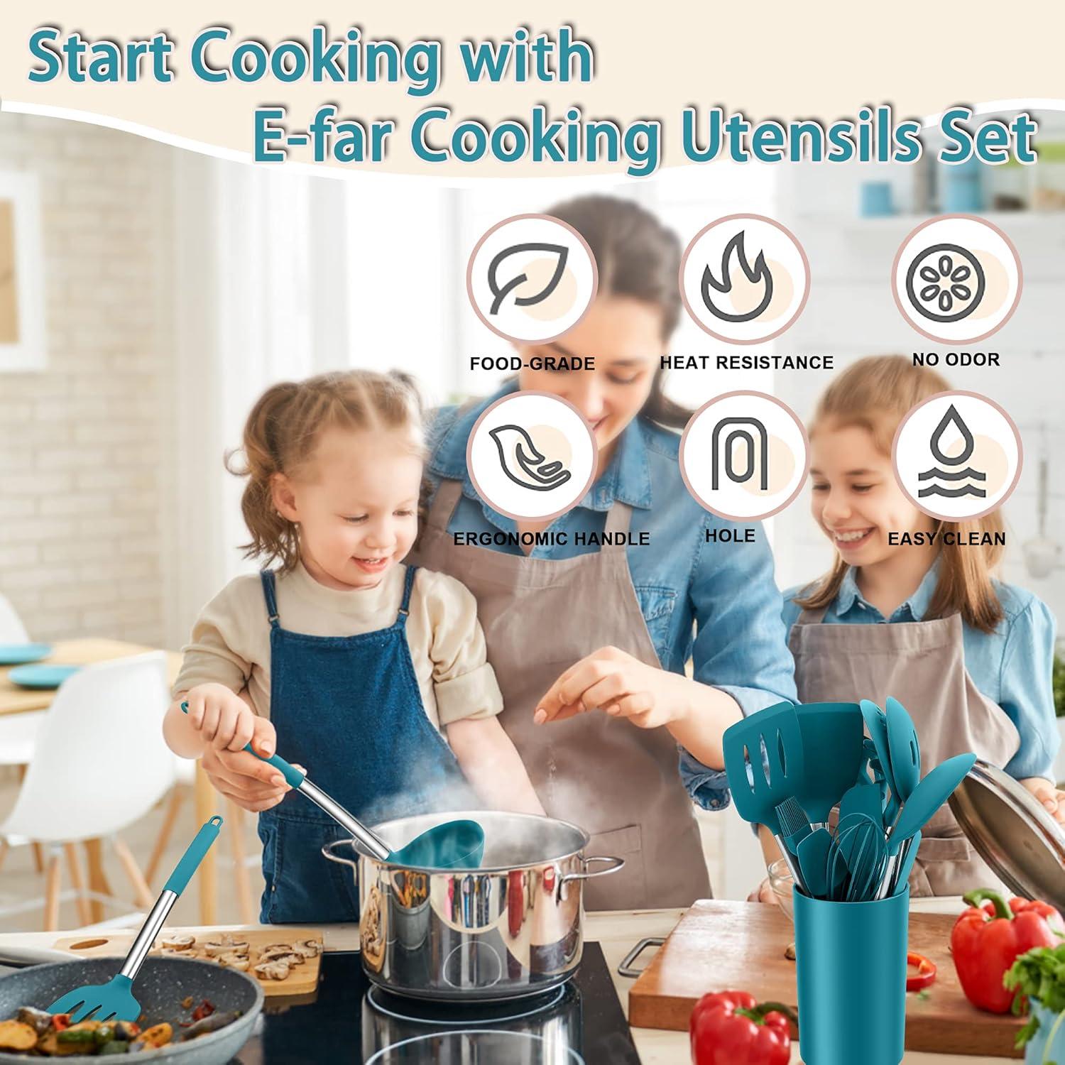 imageEfar Silicone Cooking Utensils Set 7 Pcs Heat Resistant Kitchen Utensils with Stainless Steel Handle Slotted Turner Spoon Soup Ladle Pasta Server Skimmer Tongs for Nonstick Cookware BlackBlue