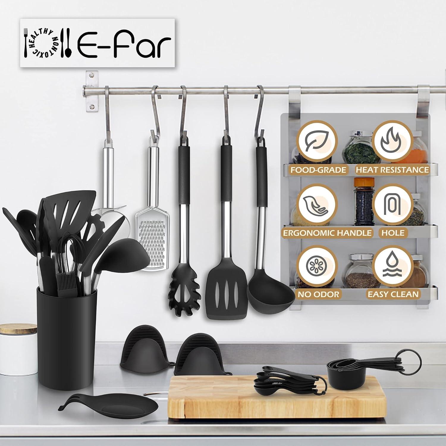 imageEfar Silicone Cooking Utensils Set 7 Pcs Heat Resistant Kitchen Utensils with Stainless Steel Handle Slotted Turner Spoon Soup Ladle Pasta Server Skimmer Tongs for Nonstick Cookware BlackBlack