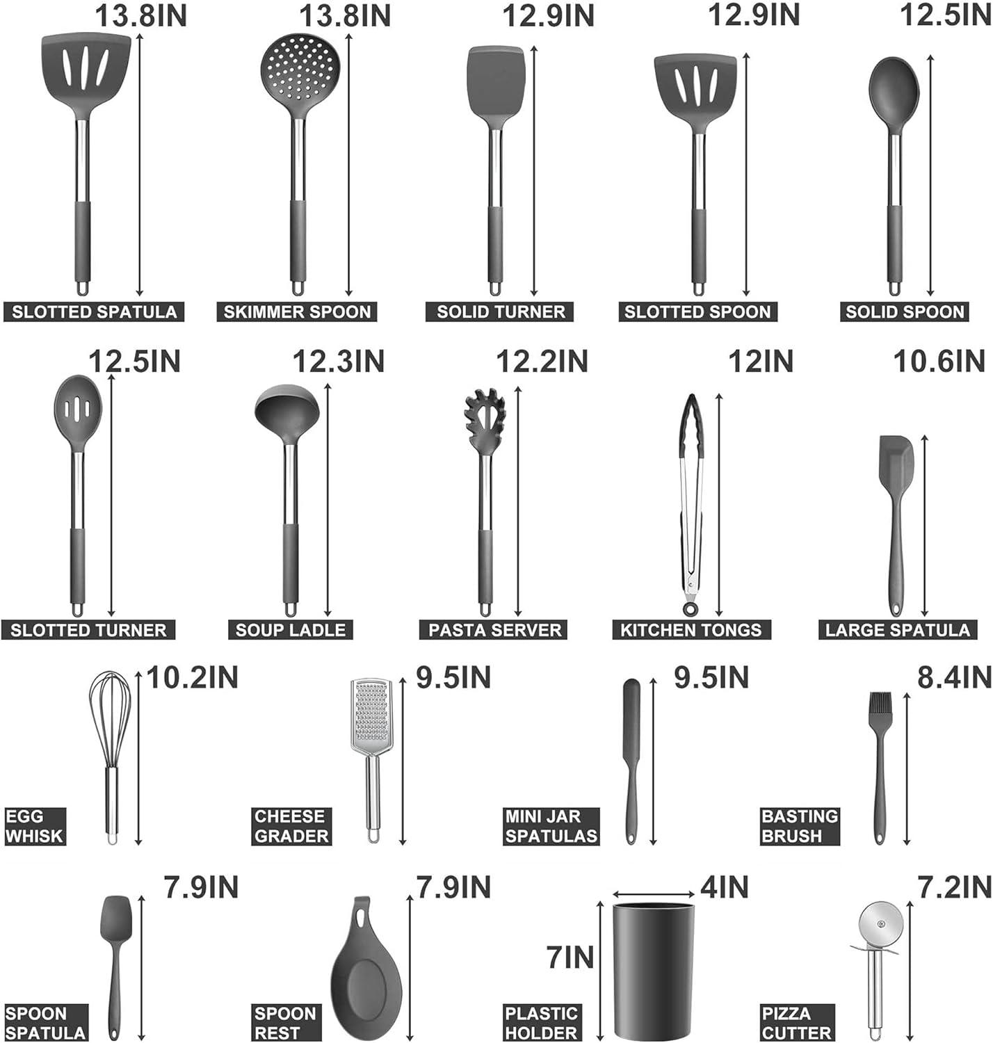 imageEfar Silicone Cooking Utensils Set 7 Pcs Heat Resistant Kitchen Utensils with Stainless Steel Handle Slotted Turner Spoon Soup Ladle Pasta Server Skimmer Tongs for Nonstick Cookware BlackGray
