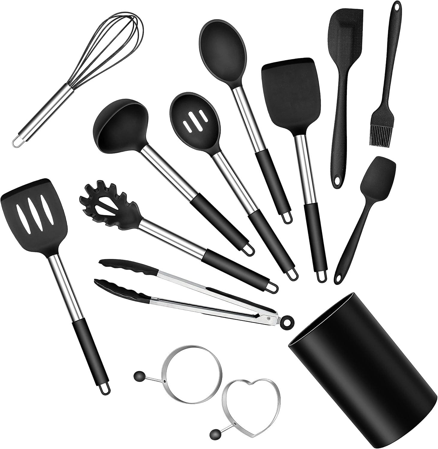 imageEfar Silicone Cooking Utensils Set 7 Pcs Heat Resistant Kitchen Utensils with Stainless Steel Handle Slotted Turner Spoon Soup Ladle Pasta Server Skimmer Tongs for Nonstick Cookware BlackBlack