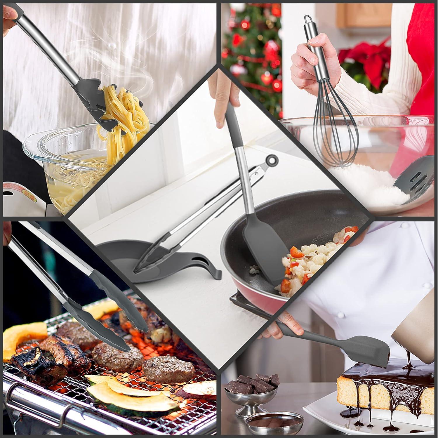 imageEfar Silicone Cooking Utensils Set 7 Pcs Heat Resistant Kitchen Utensils with Stainless Steel Handle Slotted Turner Spoon Soup Ladle Pasta Server Skimmer Tongs for Nonstick Cookware BlackGray