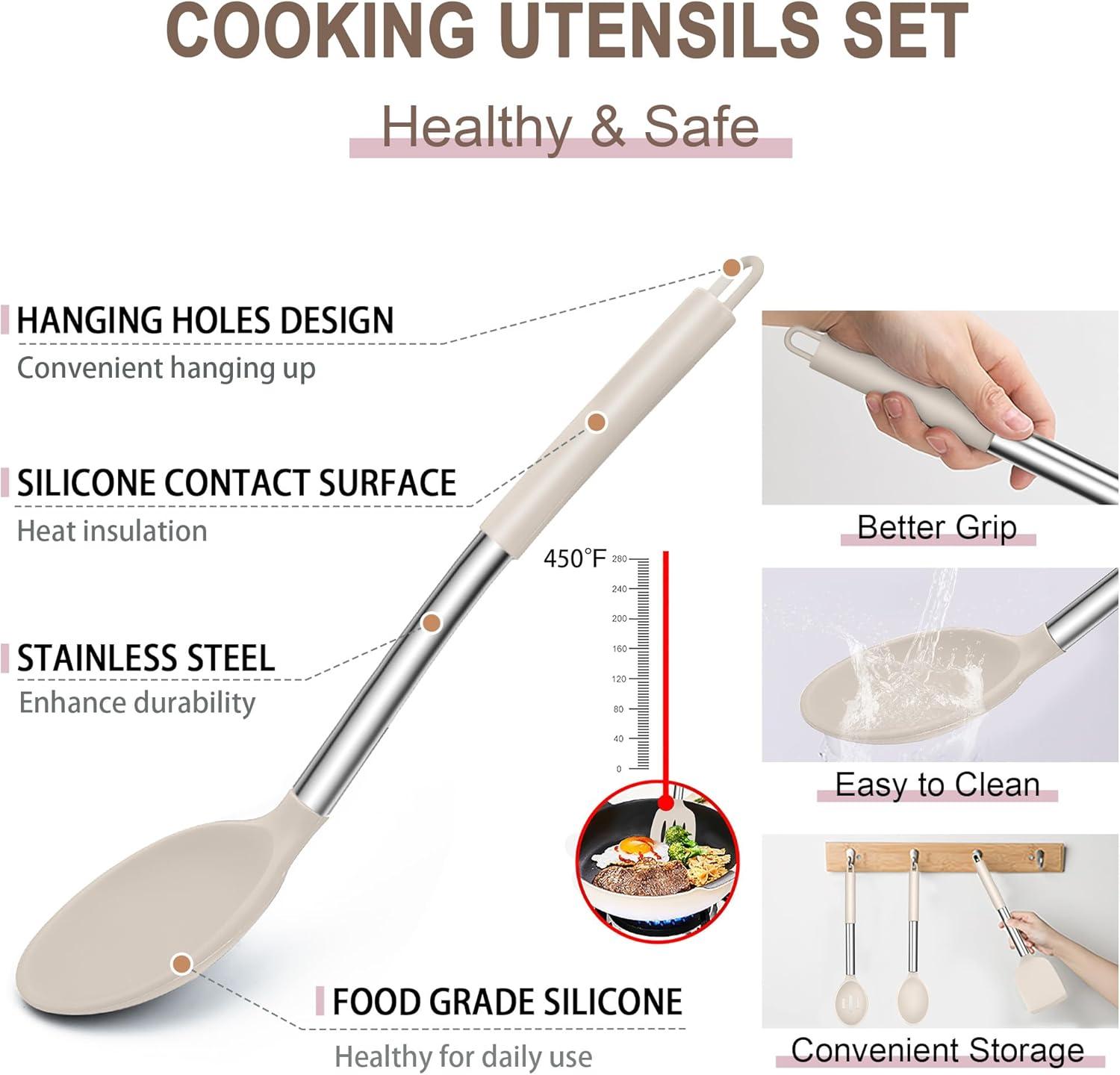 imageEfar Silicone Cooking Utensils Set 7 Pcs Heat Resistant Kitchen Utensils with Stainless Steel Handle Slotted Turner Spoon Soup Ladle Pasta Server Skimmer Tongs for Nonstick Cookware BlackKhaki