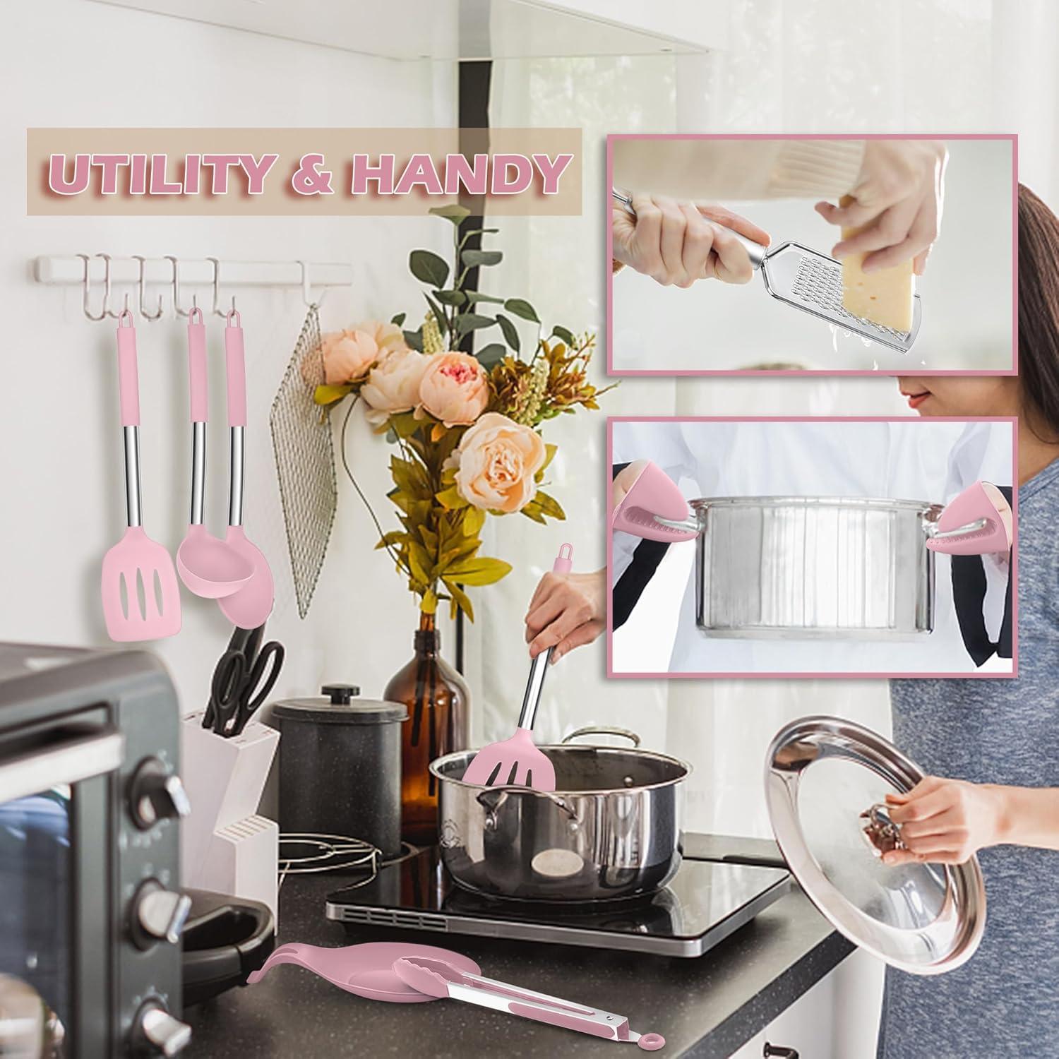 imageEfar Silicone Cooking Utensils Set 7 Pcs Heat Resistant Kitchen Utensils with Stainless Steel Handle Slotted Turner Spoon Soup Ladle Pasta Server Skimmer Tongs for Nonstick Cookware BlackPink