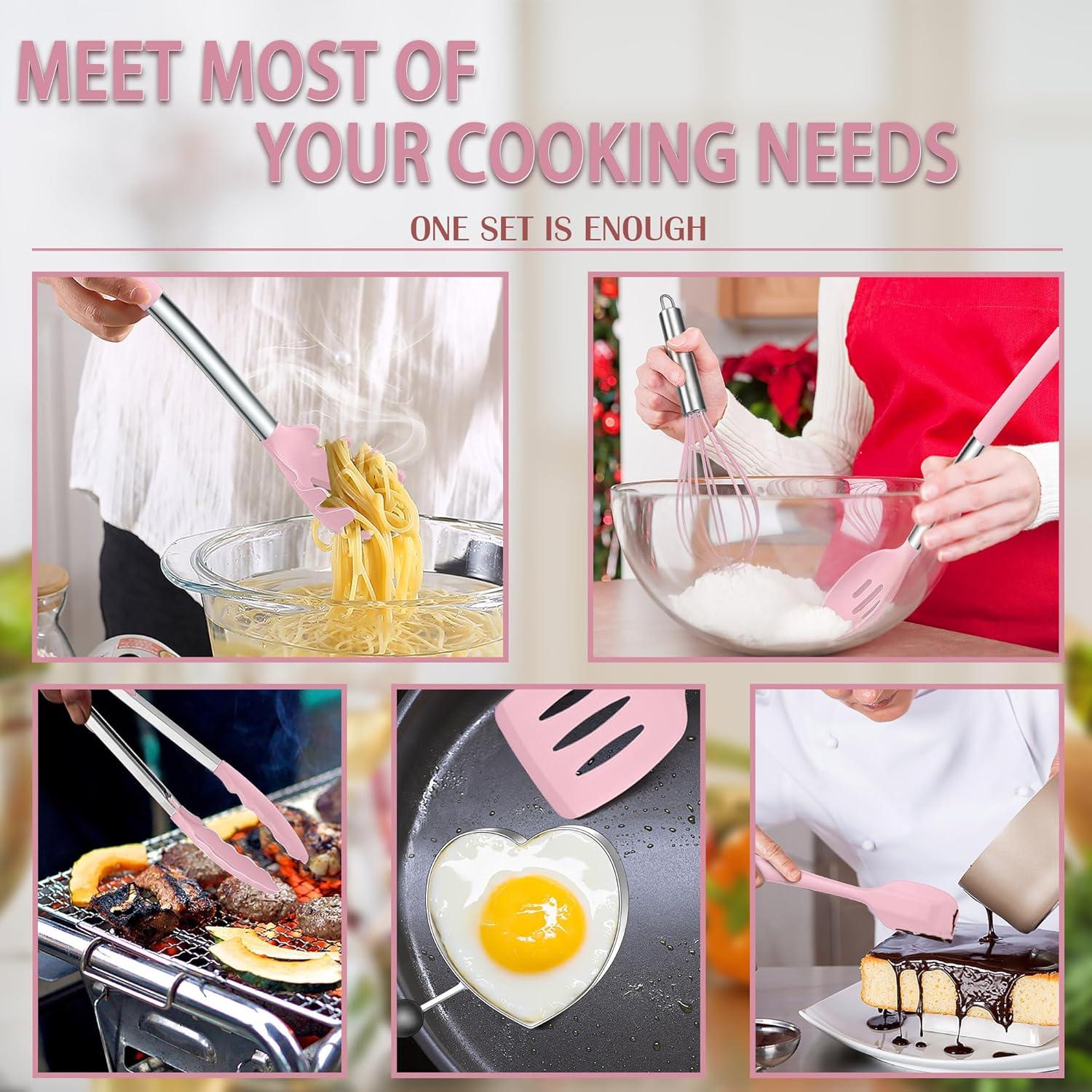 imageEfar Silicone Cooking Utensils Set 7 Pcs Heat Resistant Kitchen Utensils with Stainless Steel Handle Slotted Turner Spoon Soup Ladle Pasta Server Skimmer Tongs for Nonstick Cookware BlackPink