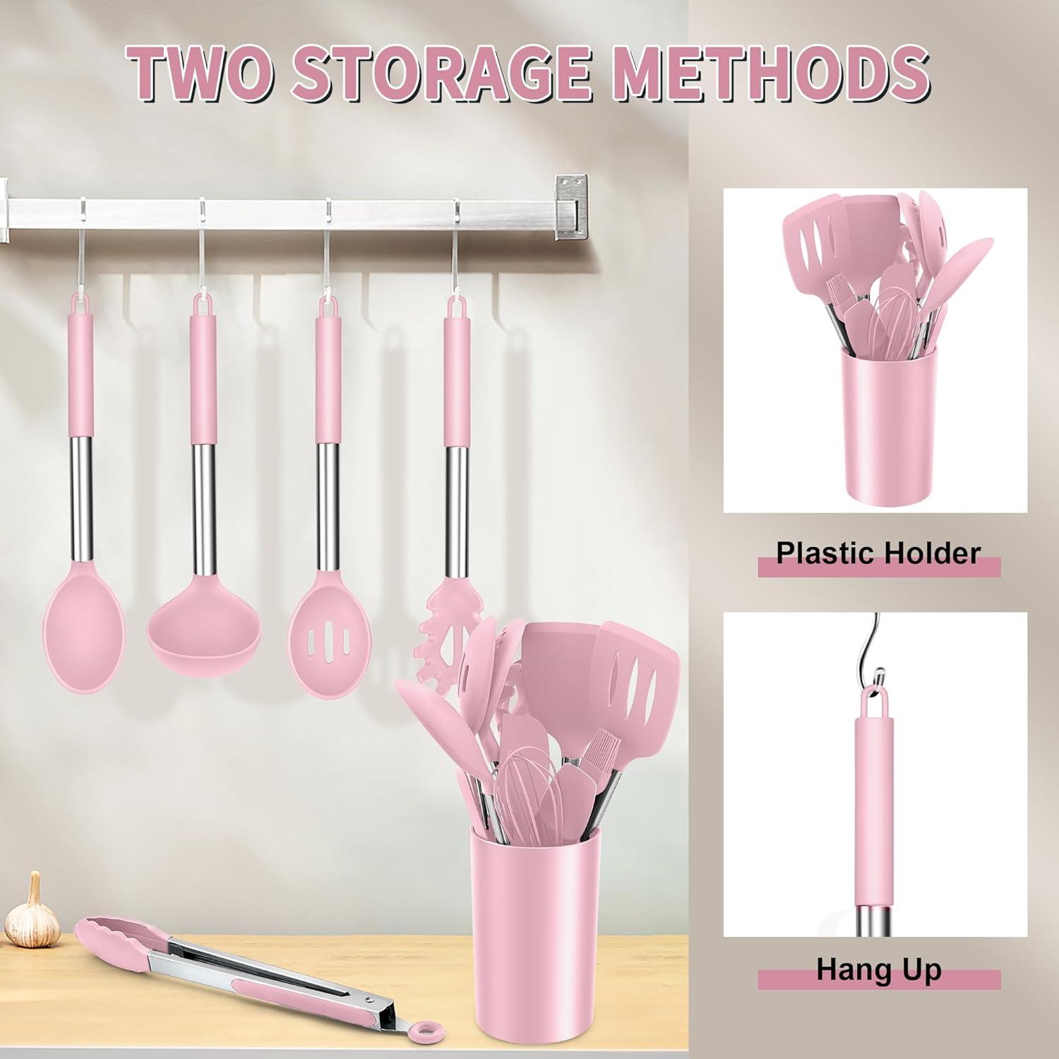 imageEfar Silicone Cooking Utensils Set 7 Pcs Heat Resistant Kitchen Utensils with Stainless Steel Handle Slotted Turner Spoon Soup Ladle Pasta Server Skimmer Tongs for Nonstick Cookware BlackPink