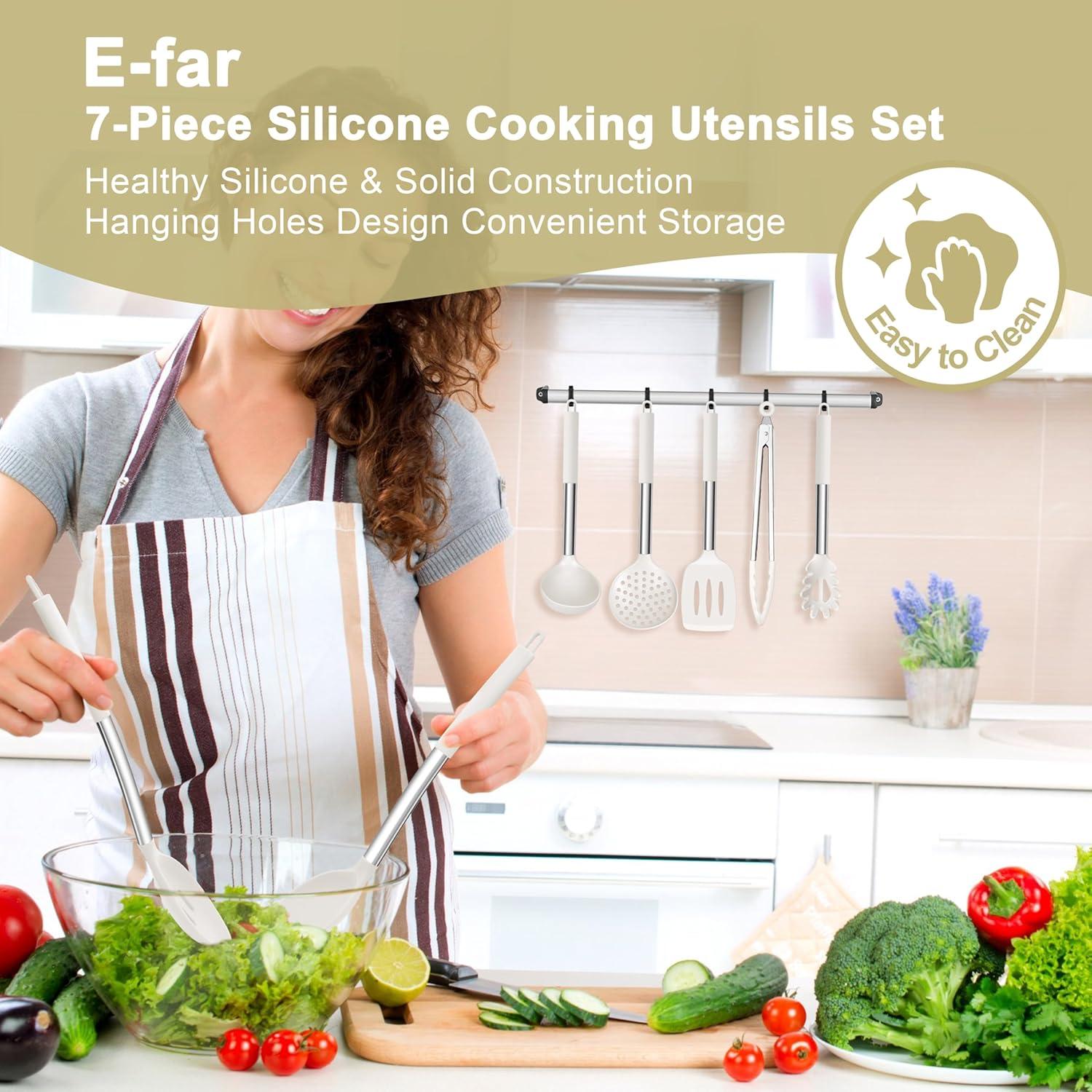 imageEfar Silicone Cooking Utensils Set 7 Pcs Heat Resistant Kitchen Utensils with Stainless Steel Handle Slotted Turner Spoon Soup Ladle Pasta Server Skimmer Tongs for Nonstick Cookware BlackWhite