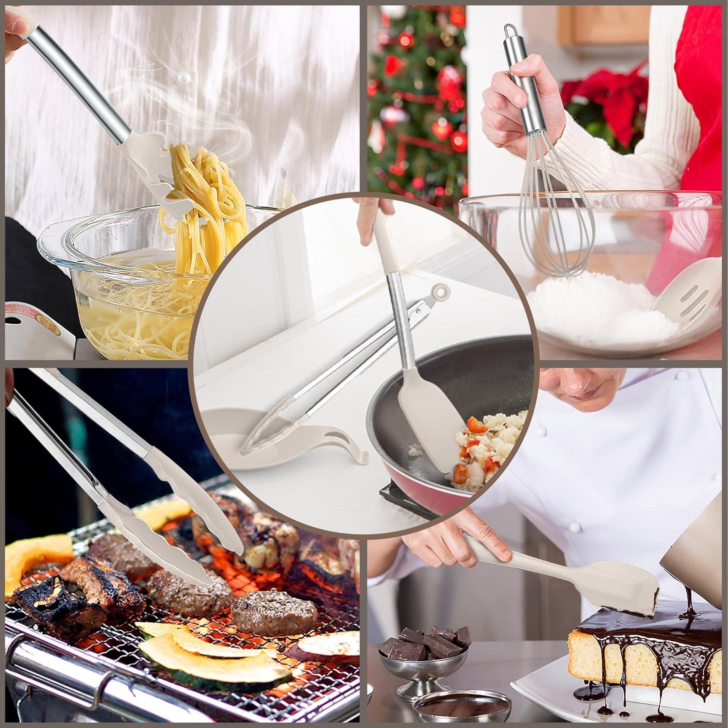 imageEfar Silicone Cooking Utensils Set 7 Pcs Heat Resistant Kitchen Utensils with Stainless Steel Handle Slotted Turner Spoon Soup Ladle Pasta Server Skimmer Tongs for Nonstick Cookware BlackKhaki