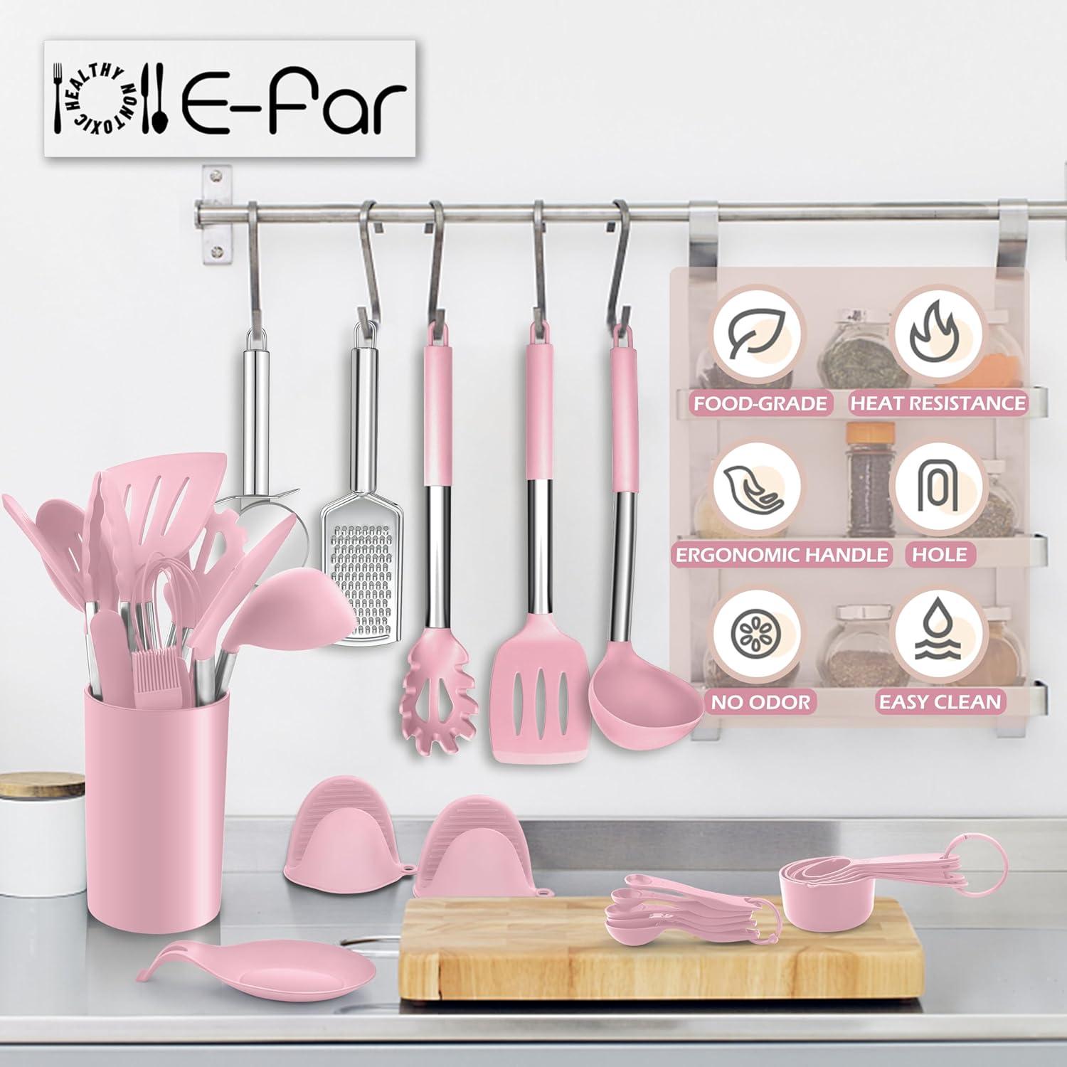 imageEfar Silicone Cooking Utensils Set 7 Pcs Heat Resistant Kitchen Utensils with Stainless Steel Handle Slotted Turner Spoon Soup Ladle Pasta Server Skimmer Tongs for Nonstick Cookware BlackPink