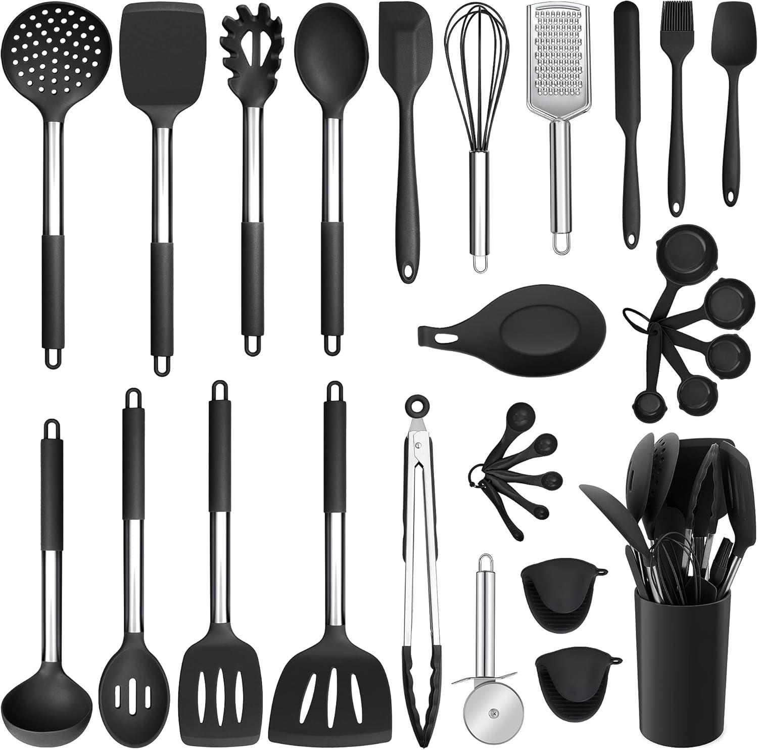 imageEfar Silicone Cooking Utensils Set 7 Pcs Heat Resistant Kitchen Utensils with Stainless Steel Handle Slotted Turner Spoon Soup Ladle Pasta Server Skimmer Tongs for Nonstick Cookware BlackBlack