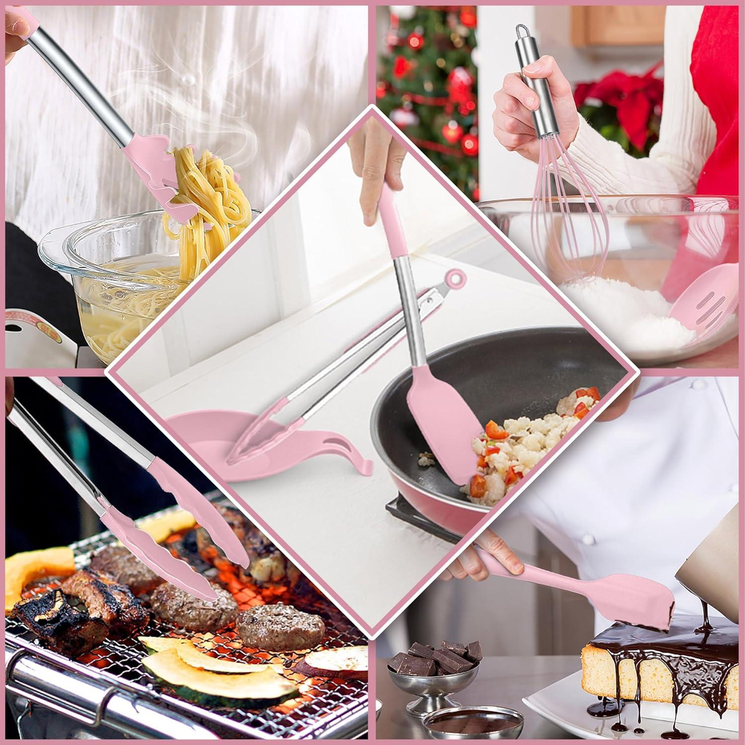 imageEfar Silicone Cooking Utensils Set 7 Pcs Heat Resistant Kitchen Utensils with Stainless Steel Handle Slotted Turner Spoon Soup Ladle Pasta Server Skimmer Tongs for Nonstick Cookware BlackPink