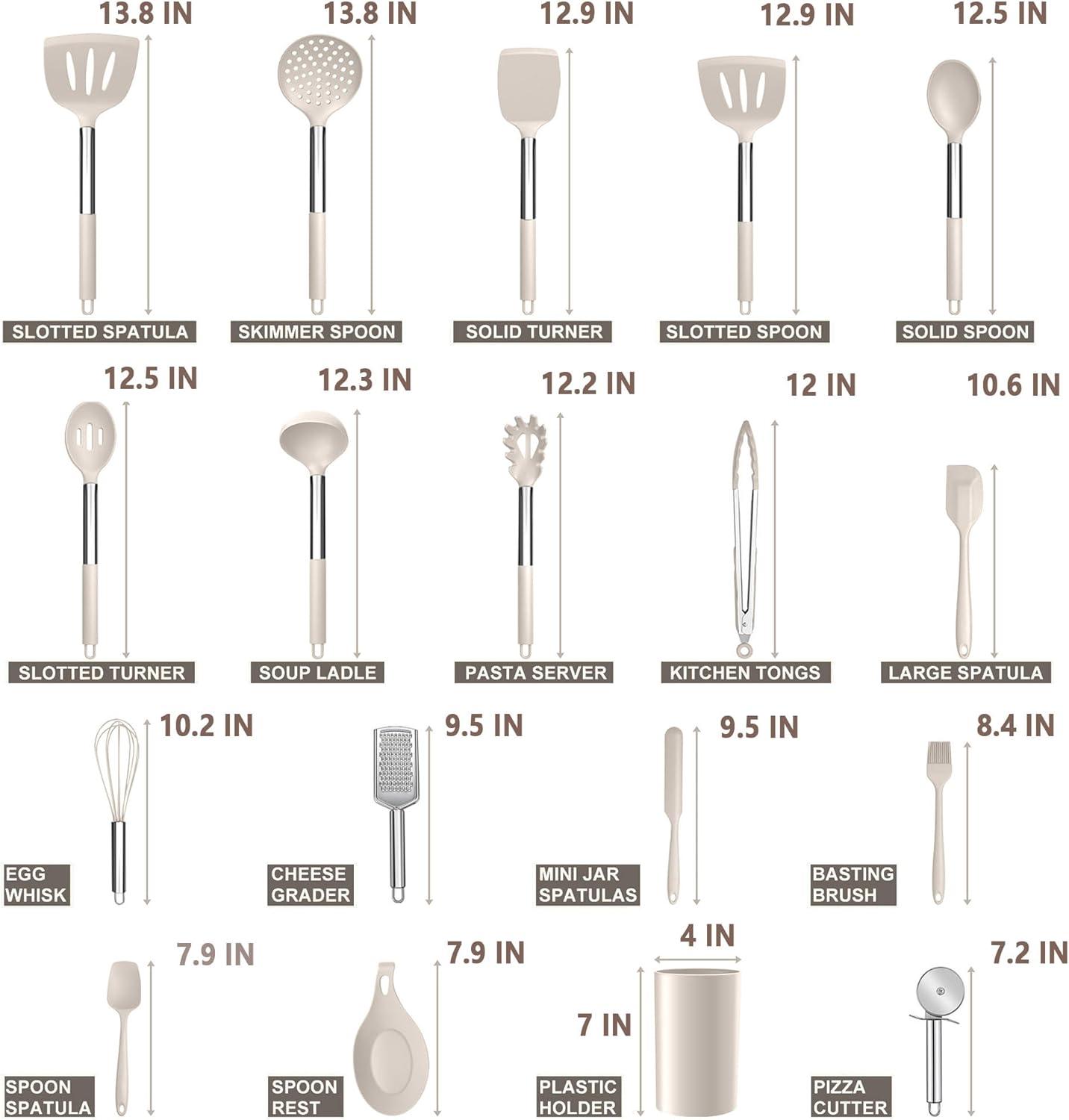 imageEfar Silicone Cooking Utensils Set 7 Pcs Heat Resistant Kitchen Utensils with Stainless Steel Handle Slotted Turner Spoon Soup Ladle Pasta Server Skimmer Tongs for Nonstick Cookware BlackKhaki