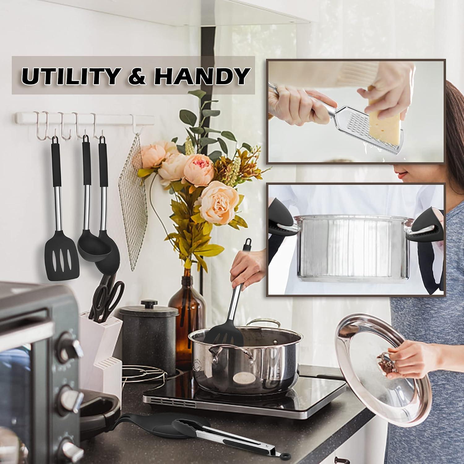 imageEfar Silicone Cooking Utensils Set 7 Pcs Heat Resistant Kitchen Utensils with Stainless Steel Handle Slotted Turner Spoon Soup Ladle Pasta Server Skimmer Tongs for Nonstick Cookware BlackBlack