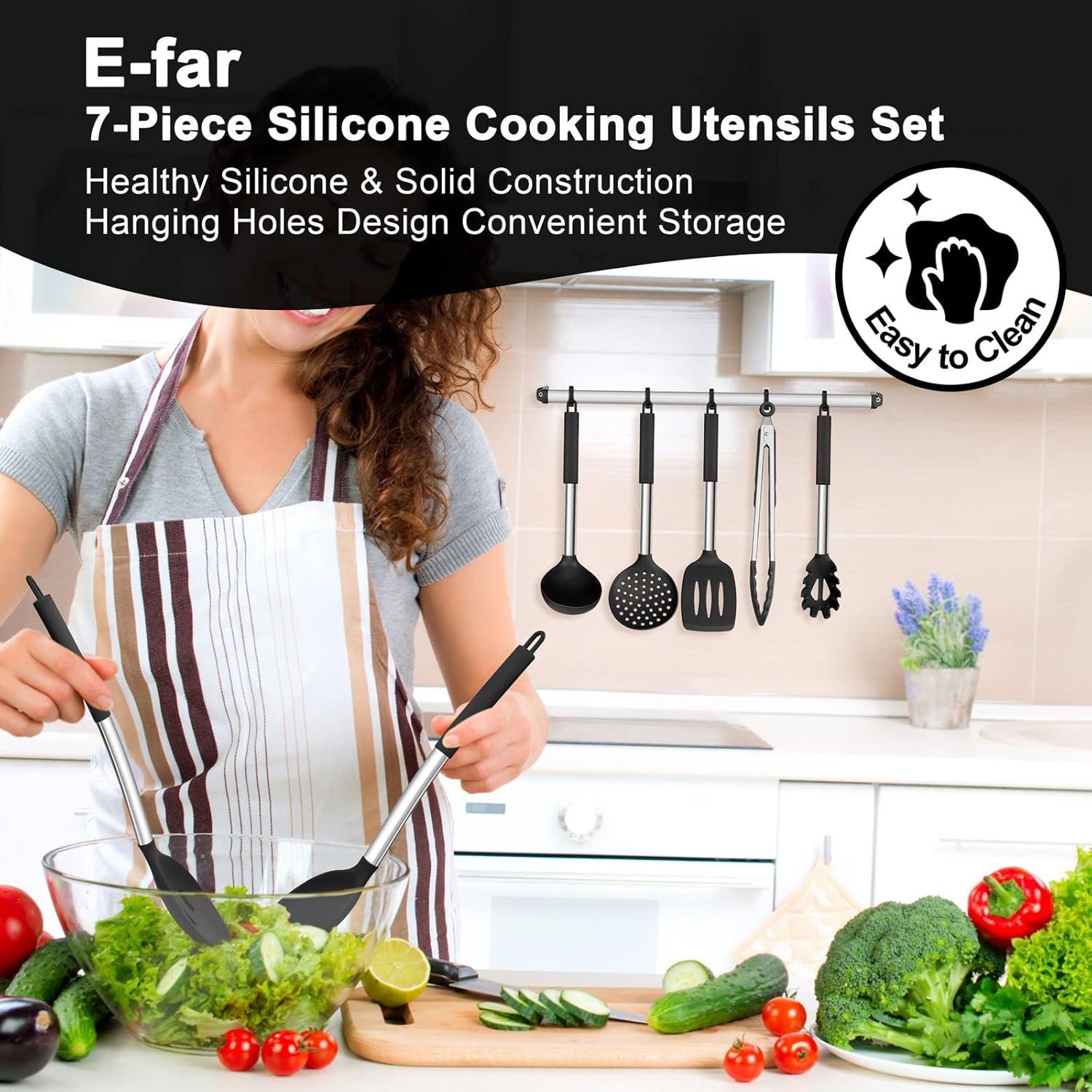 imageEfar Silicone Cooking Utensils Set 7 Pcs Heat Resistant Kitchen Utensils with Stainless Steel Handle Slotted Turner Spoon Soup Ladle Pasta Server Skimmer Tongs for Nonstick Cookware BlackBlack