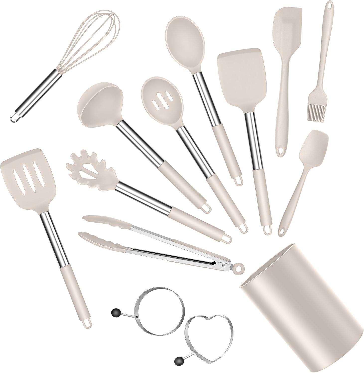 imageEfar Silicone Cooking Utensils Set 7 Pcs Heat Resistant Kitchen Utensils with Stainless Steel Handle Slotted Turner Spoon Soup Ladle Pasta Server Skimmer Tongs for Nonstick Cookware BlackKhaki