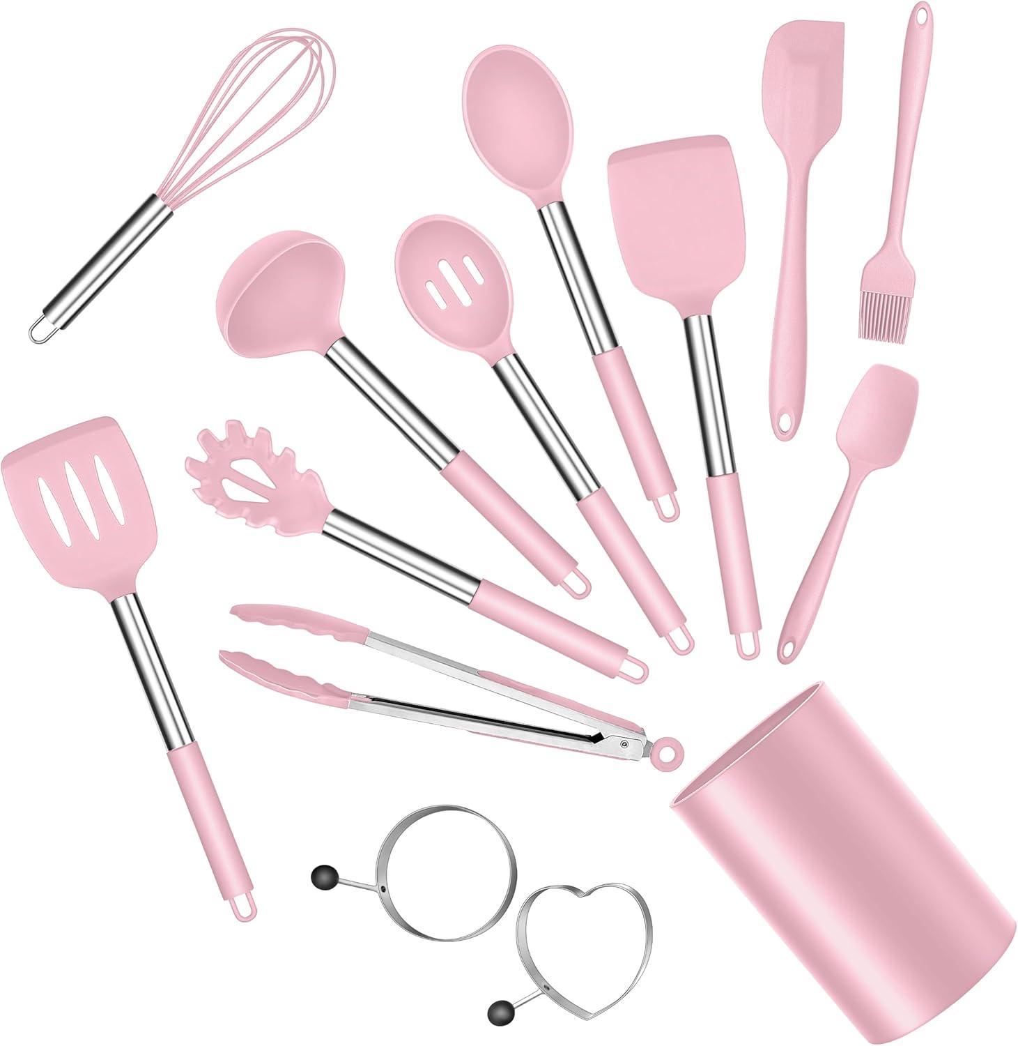 imageEfar Silicone Cooking Utensils Set 7 Pcs Heat Resistant Kitchen Utensils with Stainless Steel Handle Slotted Turner Spoon Soup Ladle Pasta Server Skimmer Tongs for Nonstick Cookware BlackPink