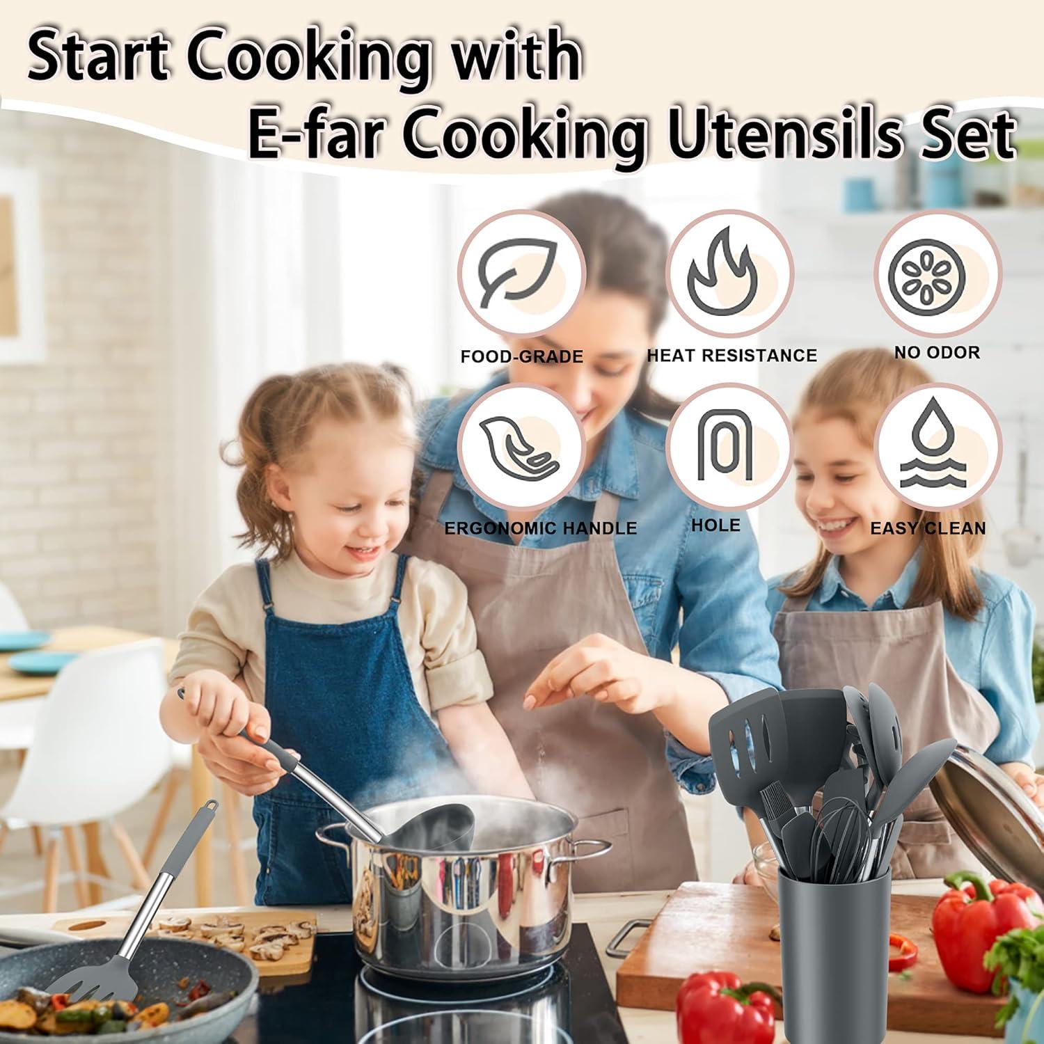imageEfar Silicone Cooking Utensils Set 7 Pcs Heat Resistant Kitchen Utensils with Stainless Steel Handle Slotted Turner Spoon Soup Ladle Pasta Server Skimmer Tongs for Nonstick Cookware BlackGray