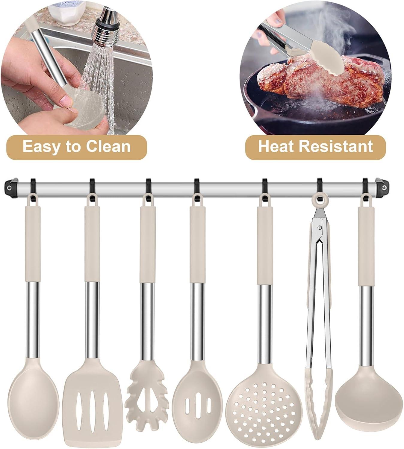 imageEfar Silicone Cooking Utensils Set 7 Pcs Heat Resistant Kitchen Utensils with Stainless Steel Handle Slotted Turner Spoon Soup Ladle Pasta Server Skimmer Tongs for Nonstick Cookware BlackKhaki