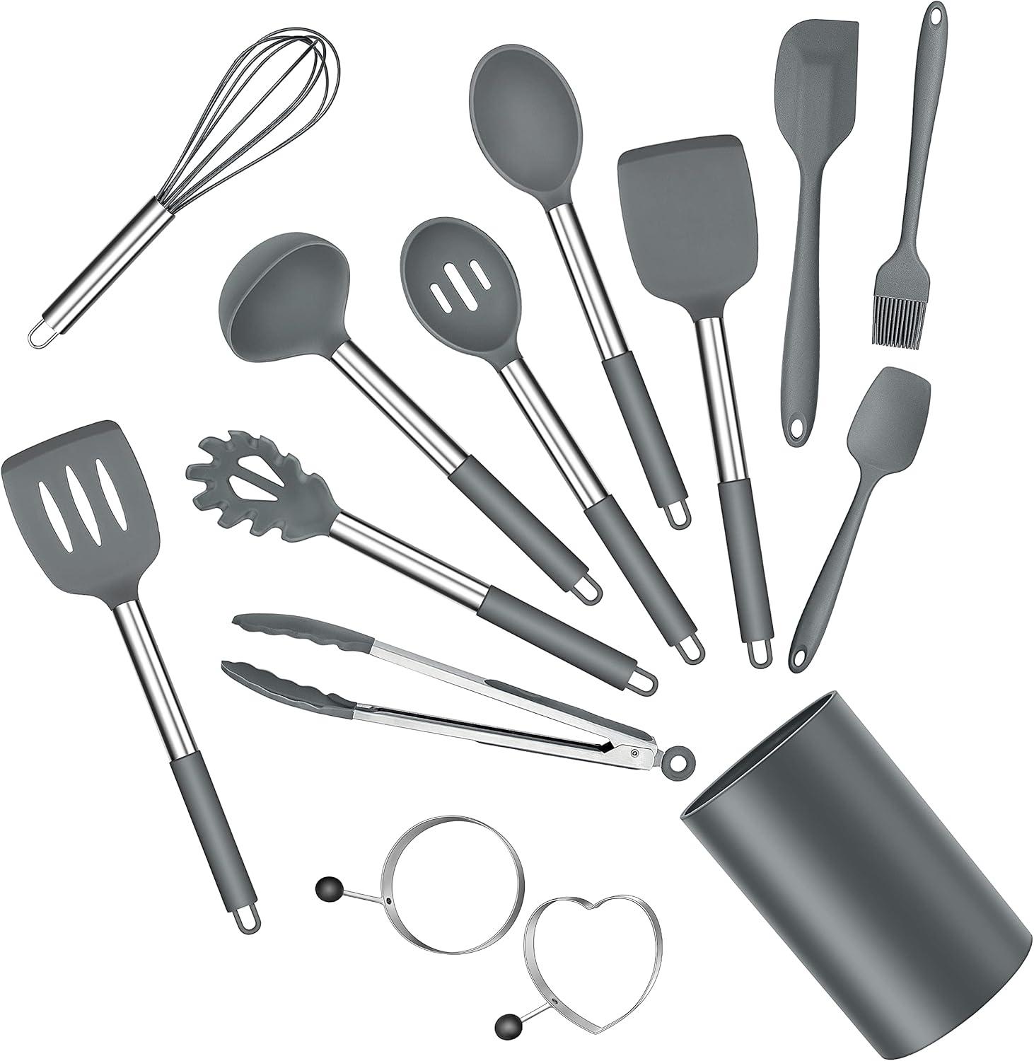 imageEfar Silicone Cooking Utensils Set 7 Pcs Heat Resistant Kitchen Utensils with Stainless Steel Handle Slotted Turner Spoon Soup Ladle Pasta Server Skimmer Tongs for Nonstick Cookware BlackGray
